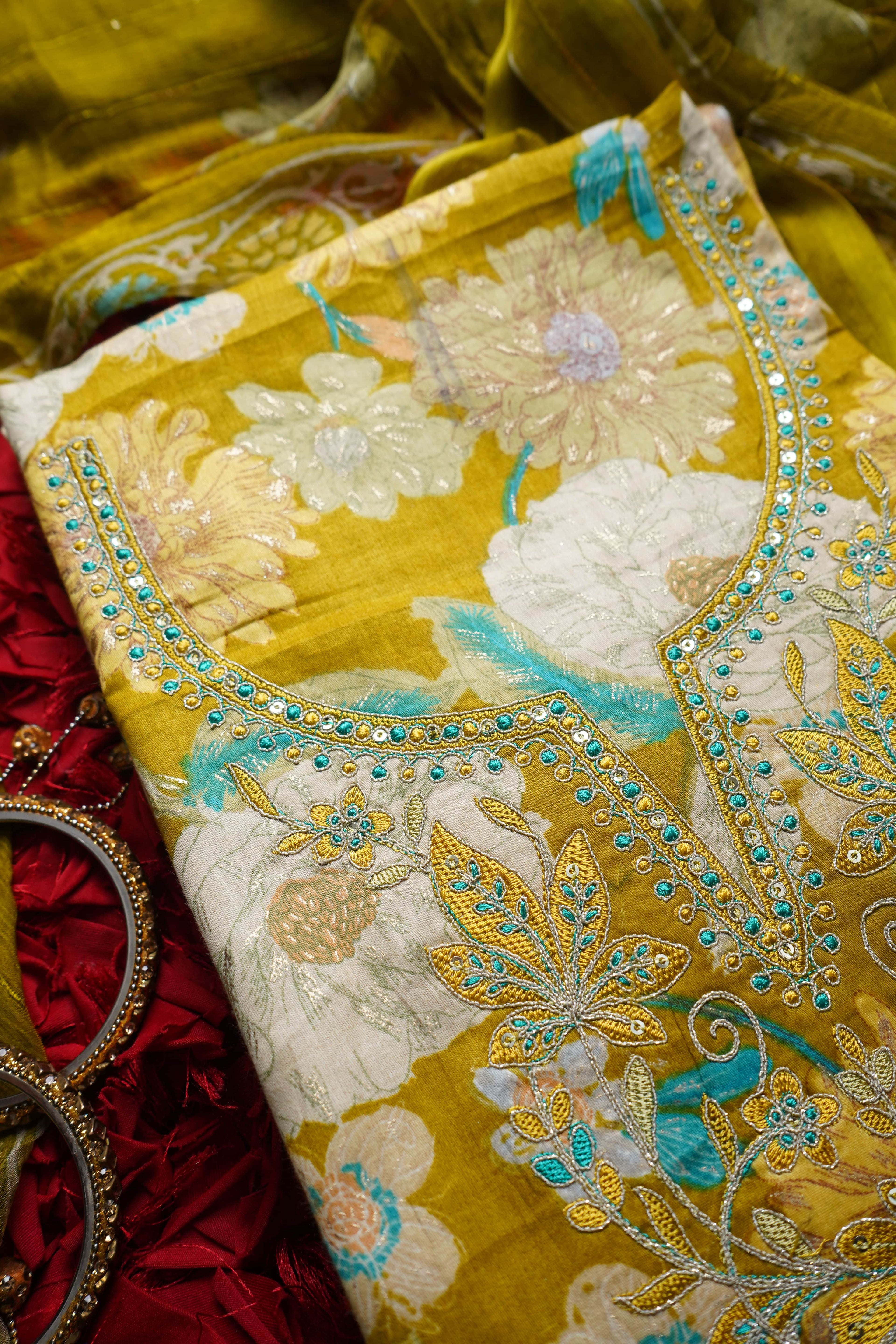 yellow cotton zariwork unstitched salwar suit