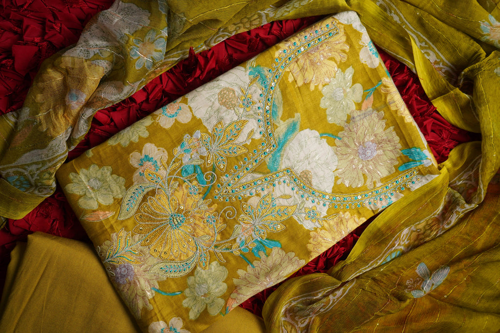 yellow cotton zariwork unstitched salwar suit