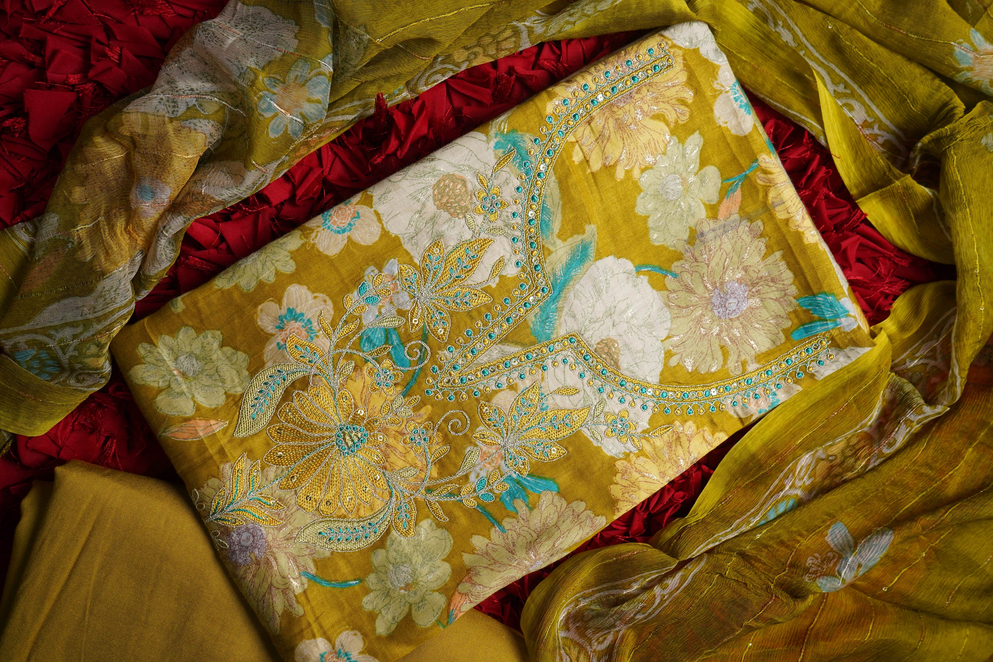 yellow cotton zariwork unstitched salwar suit