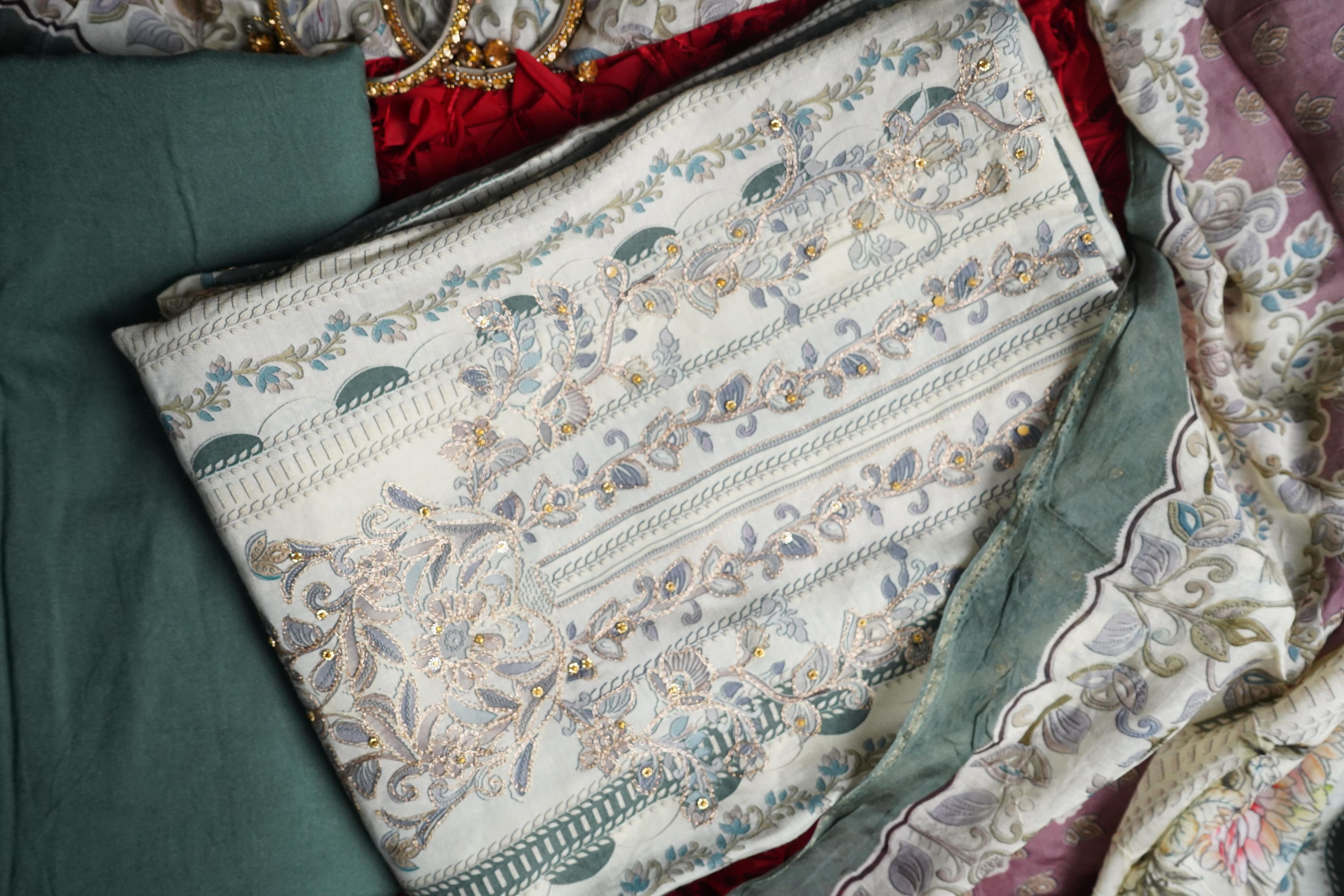 green masleen zariwork unstitched salwar suit