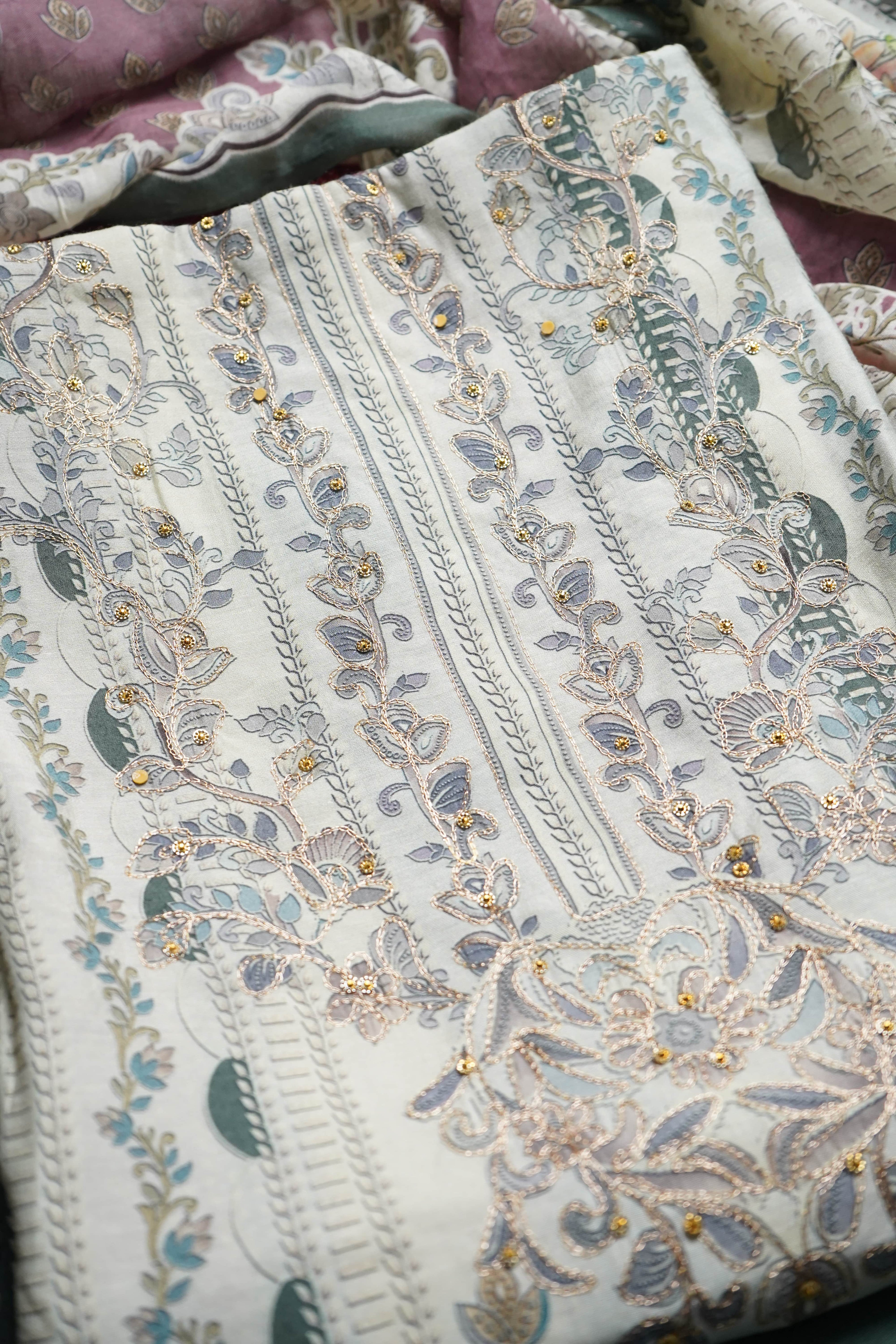 green masleen zariwork unstitched salwar suit