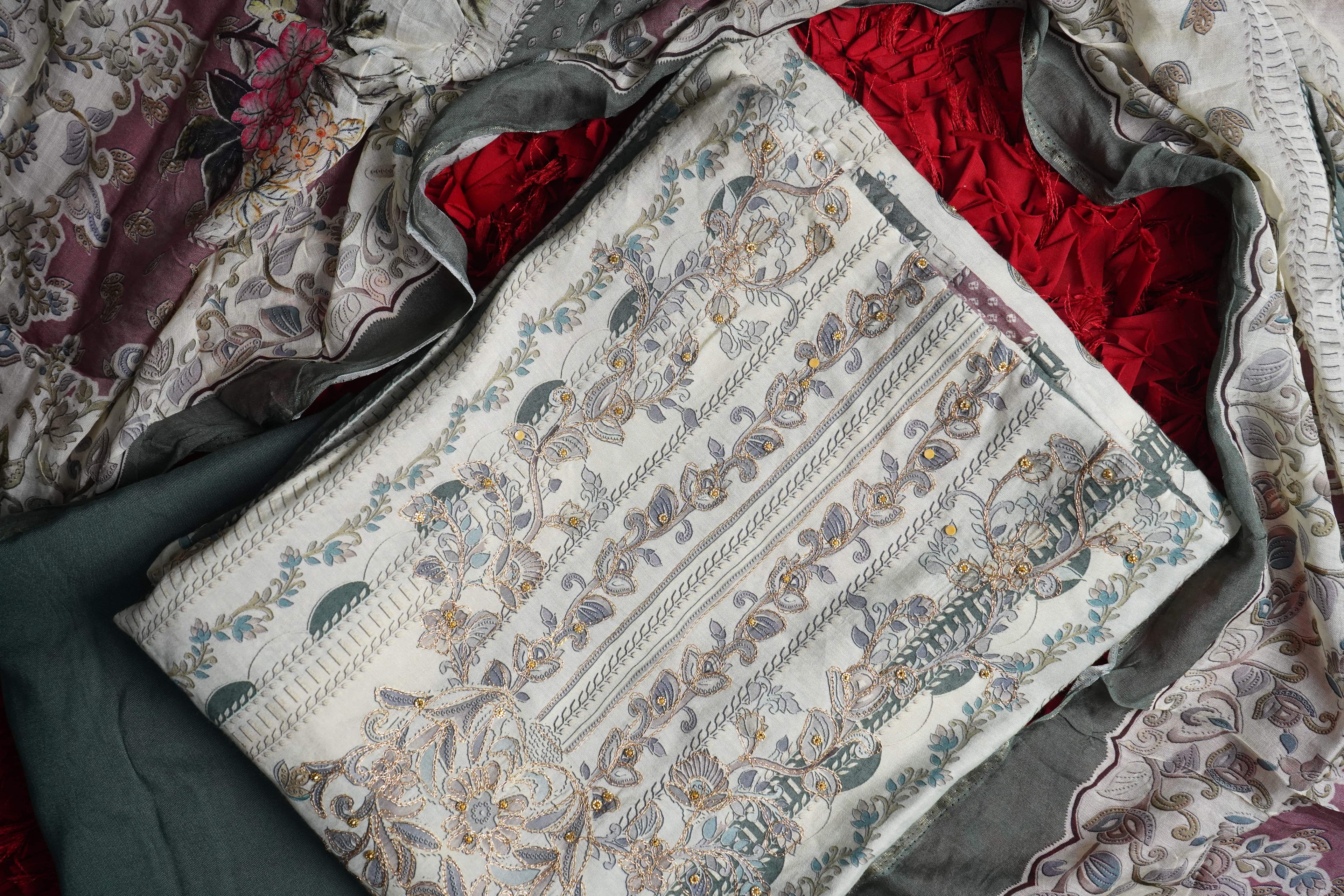 green masleen zariwork unstitched salwar suit