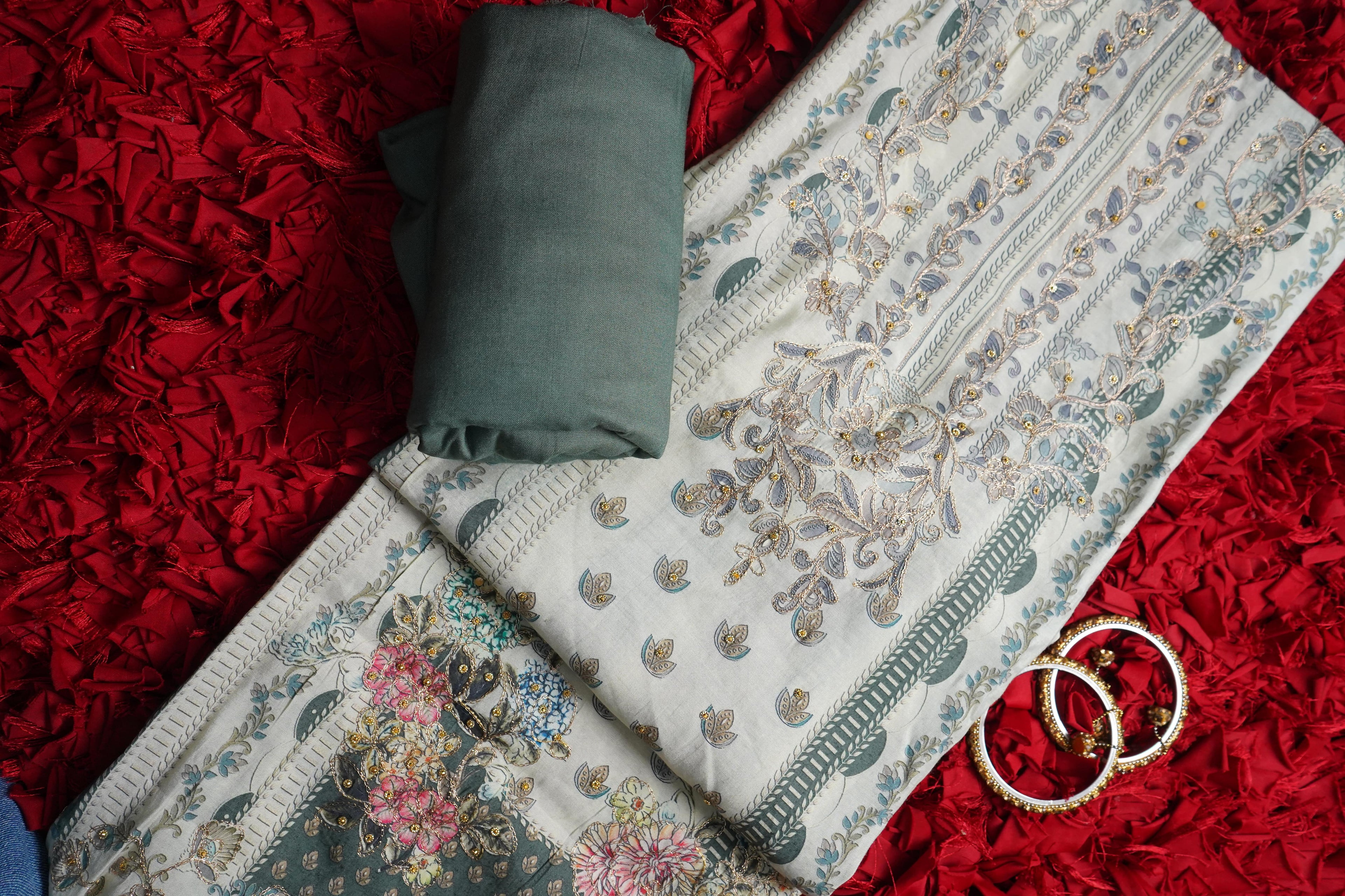 green masleen zariwork unstitched salwar suit