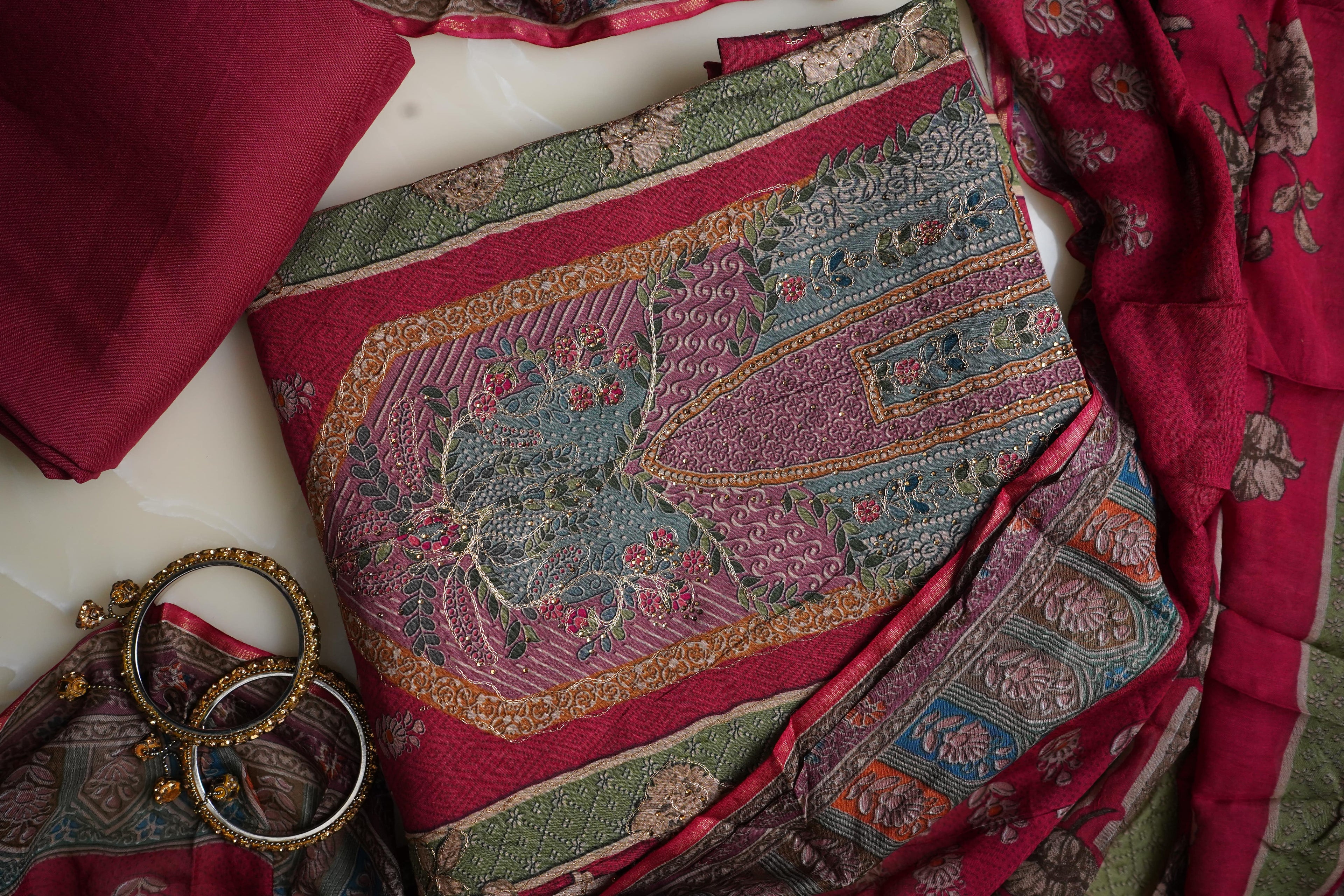 pink masleen aariwork unstitched salwar suit