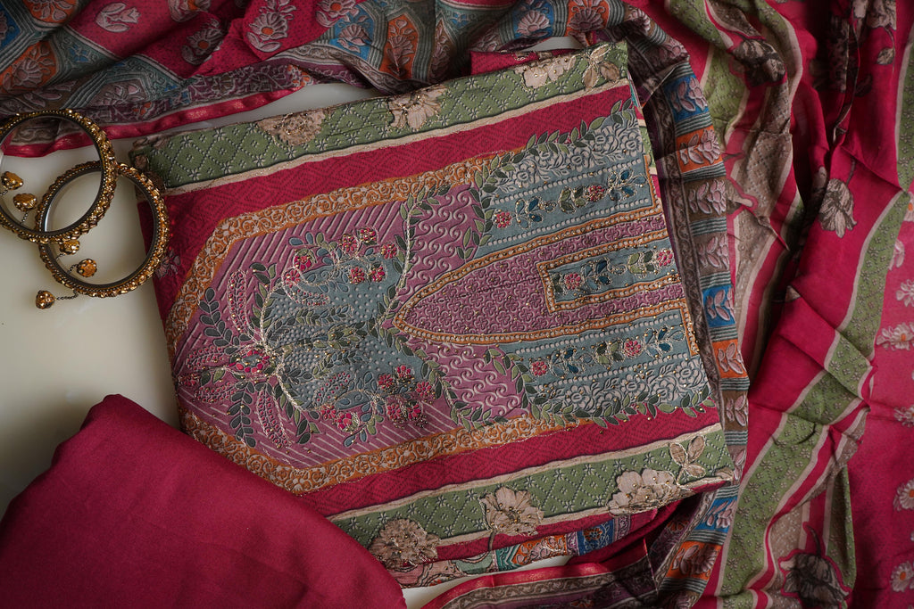 pink masleen aariwork unstitched salwar suit