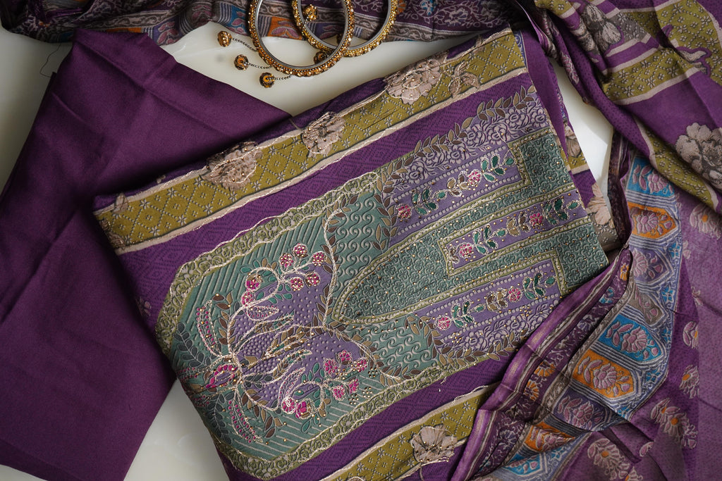purple masleen aariwork unstitched salwar suit