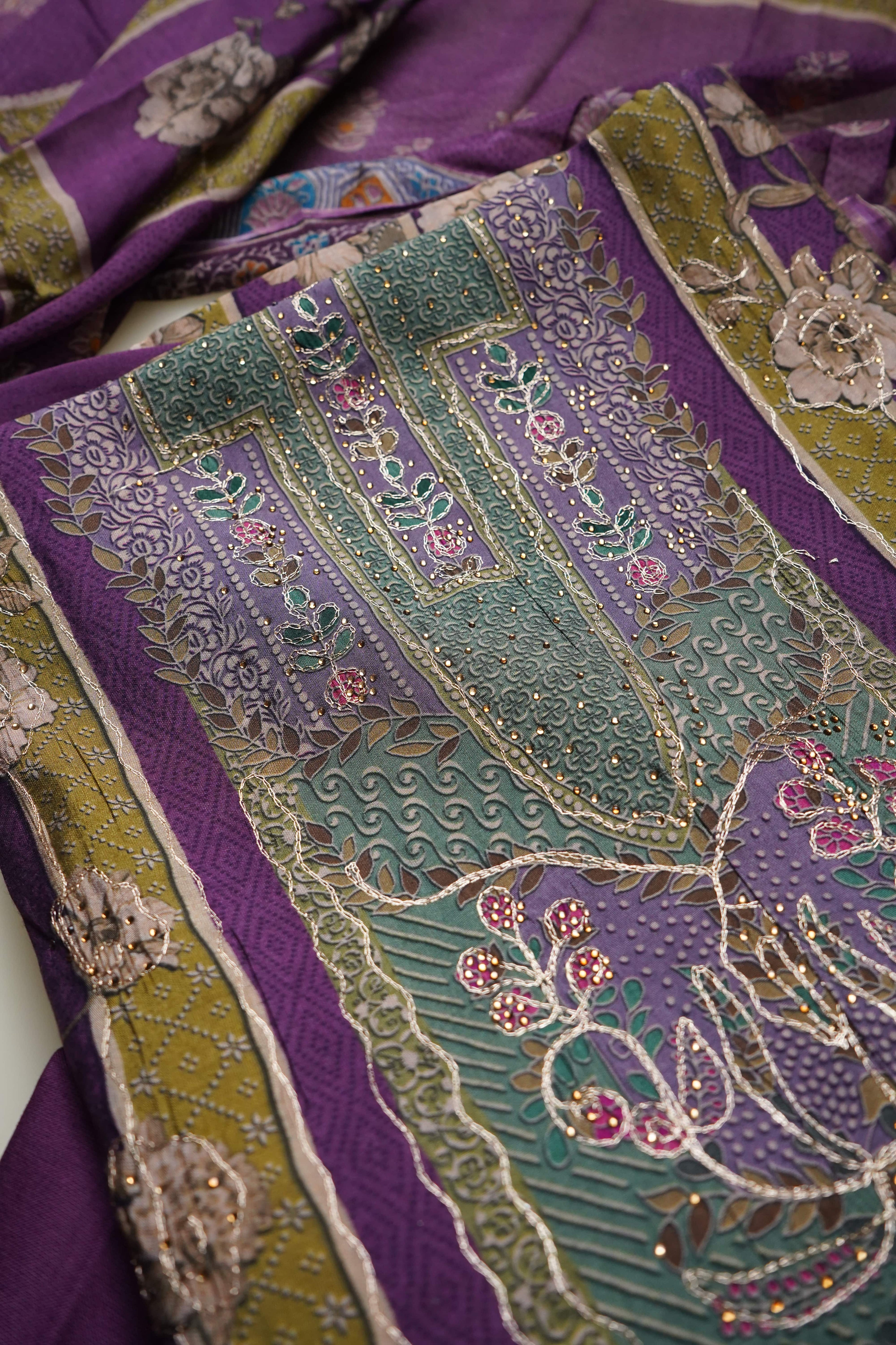 purple masleen aariwork unstitched salwar suit