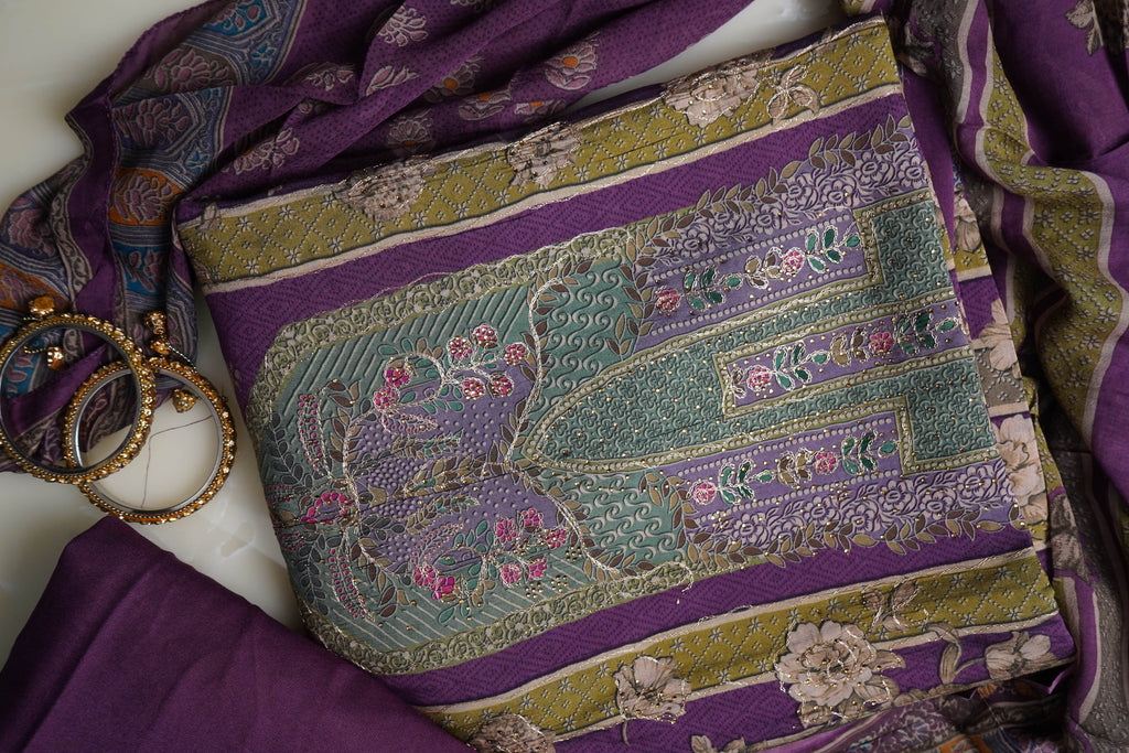 purple masleen aariwork unstitched salwar suit