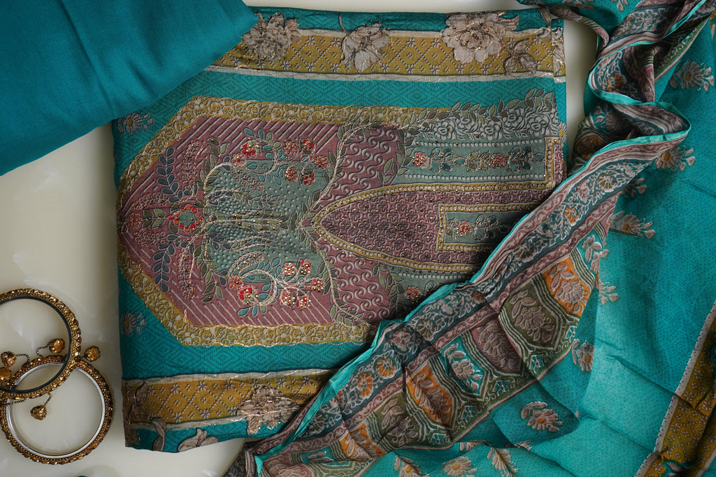 blue masleen aariwork unstitched salwar suit