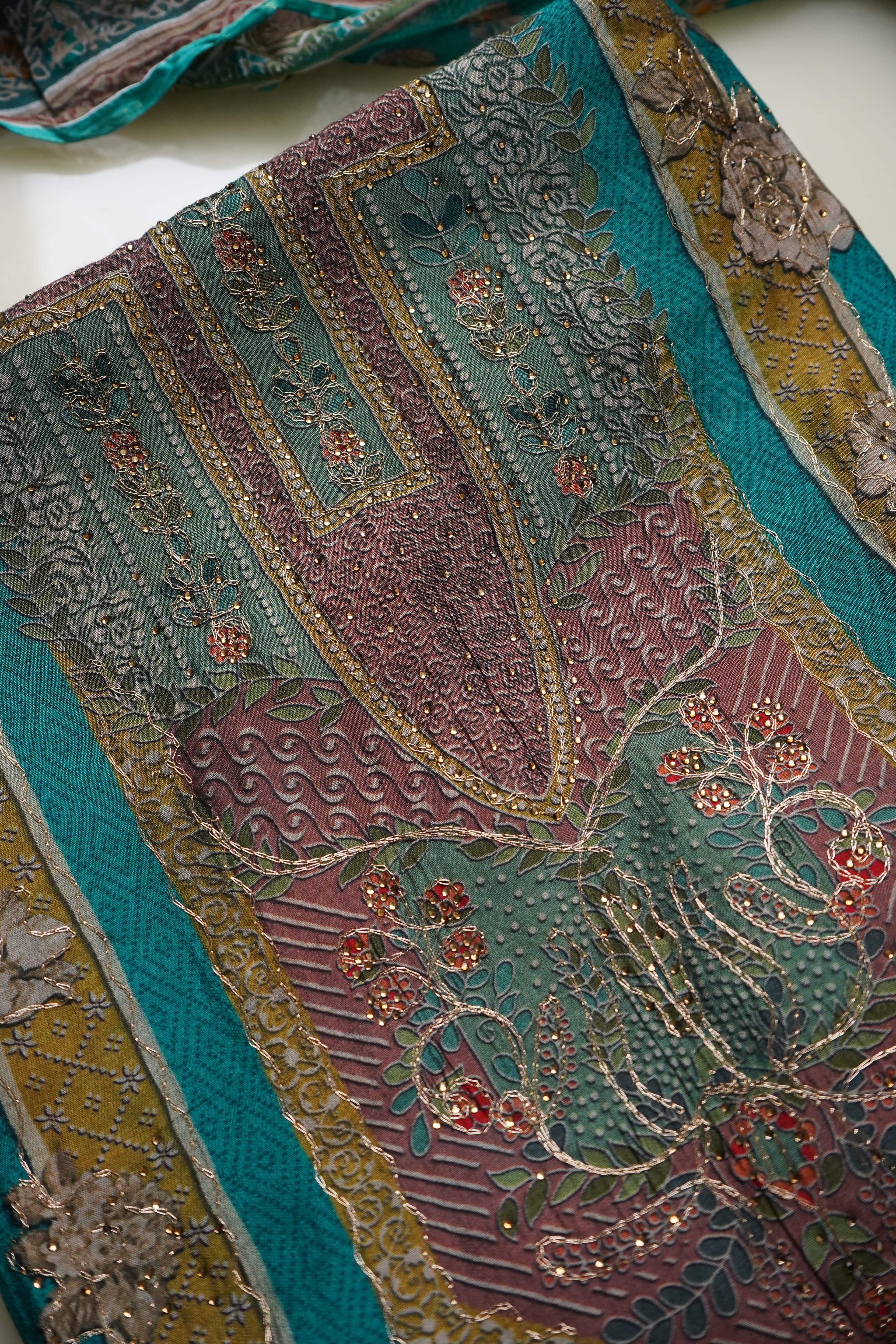 blue masleen aariwork unstitched salwar suit