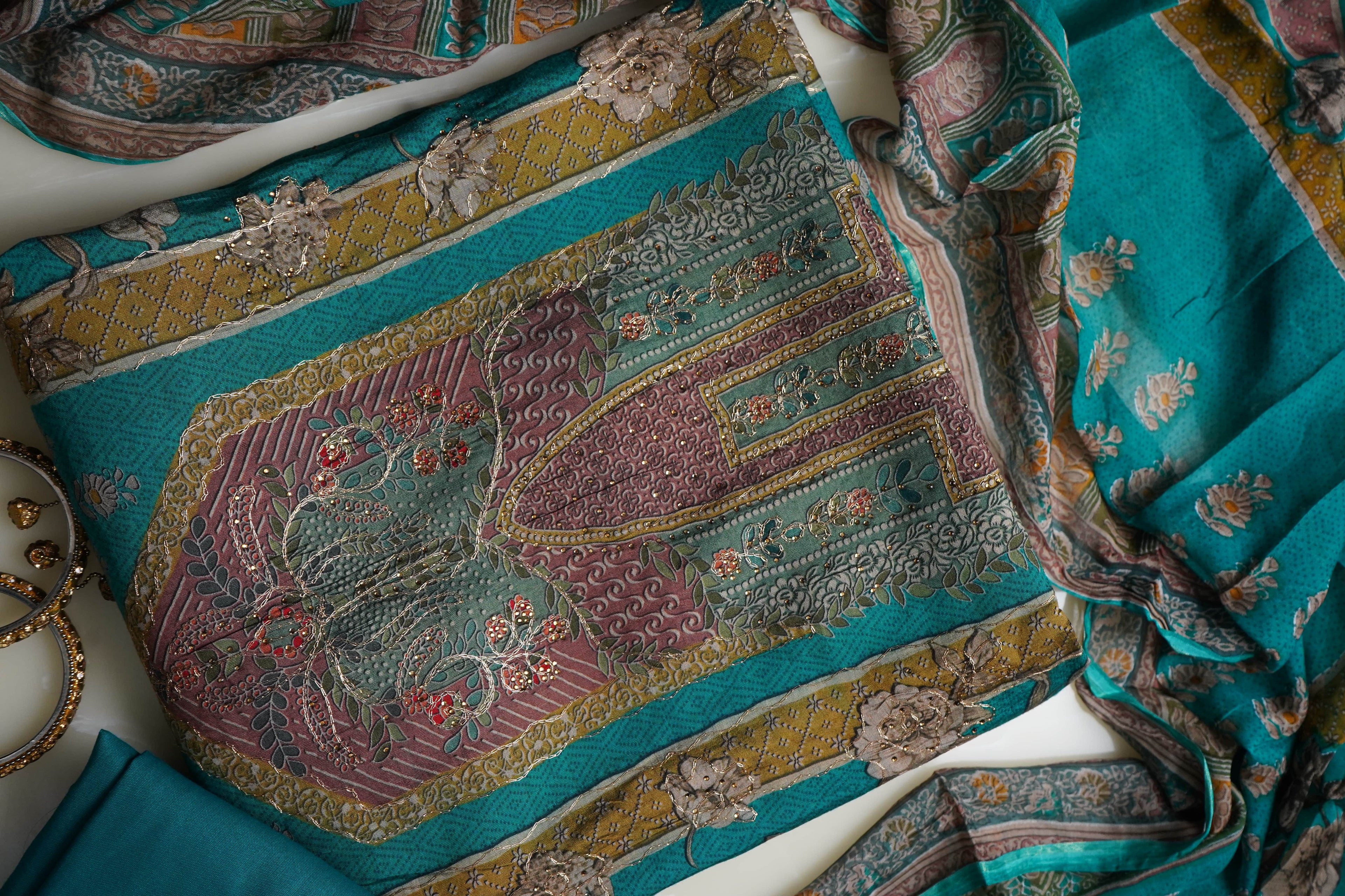 blue masleen aariwork unstitched salwar suit