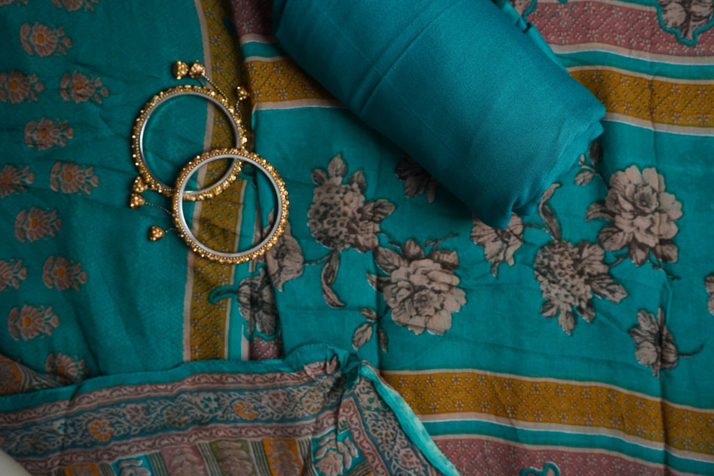 blue masleen aariwork unstitched salwar suit