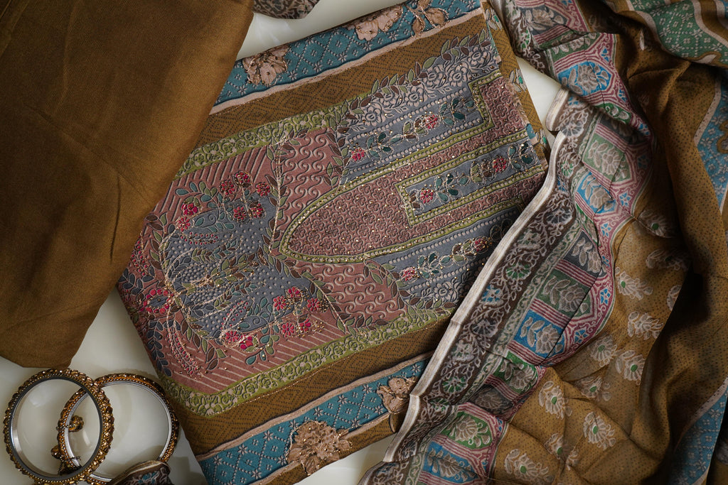 brown masleen aariwork unstitched salwar suit