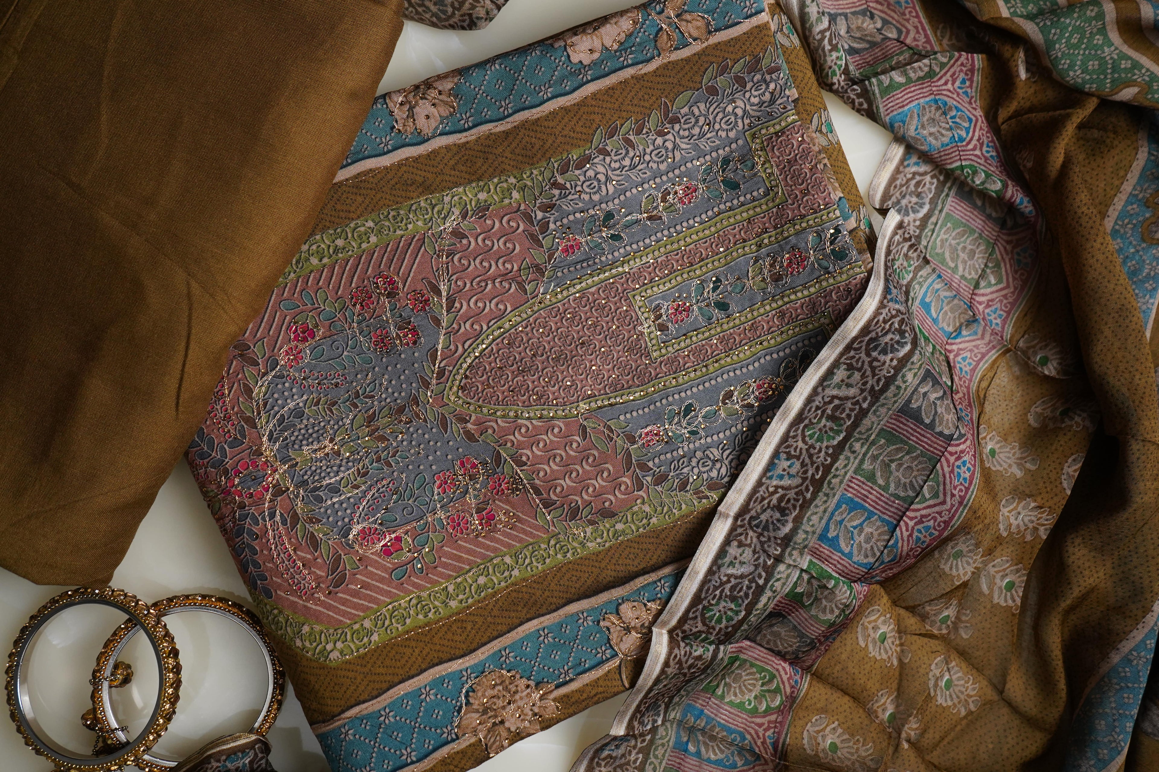 brown masleen aariwork unstitched salwar suit