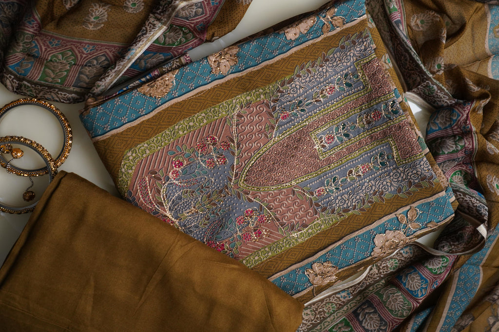 brown masleen aariwork unstitched salwar suit