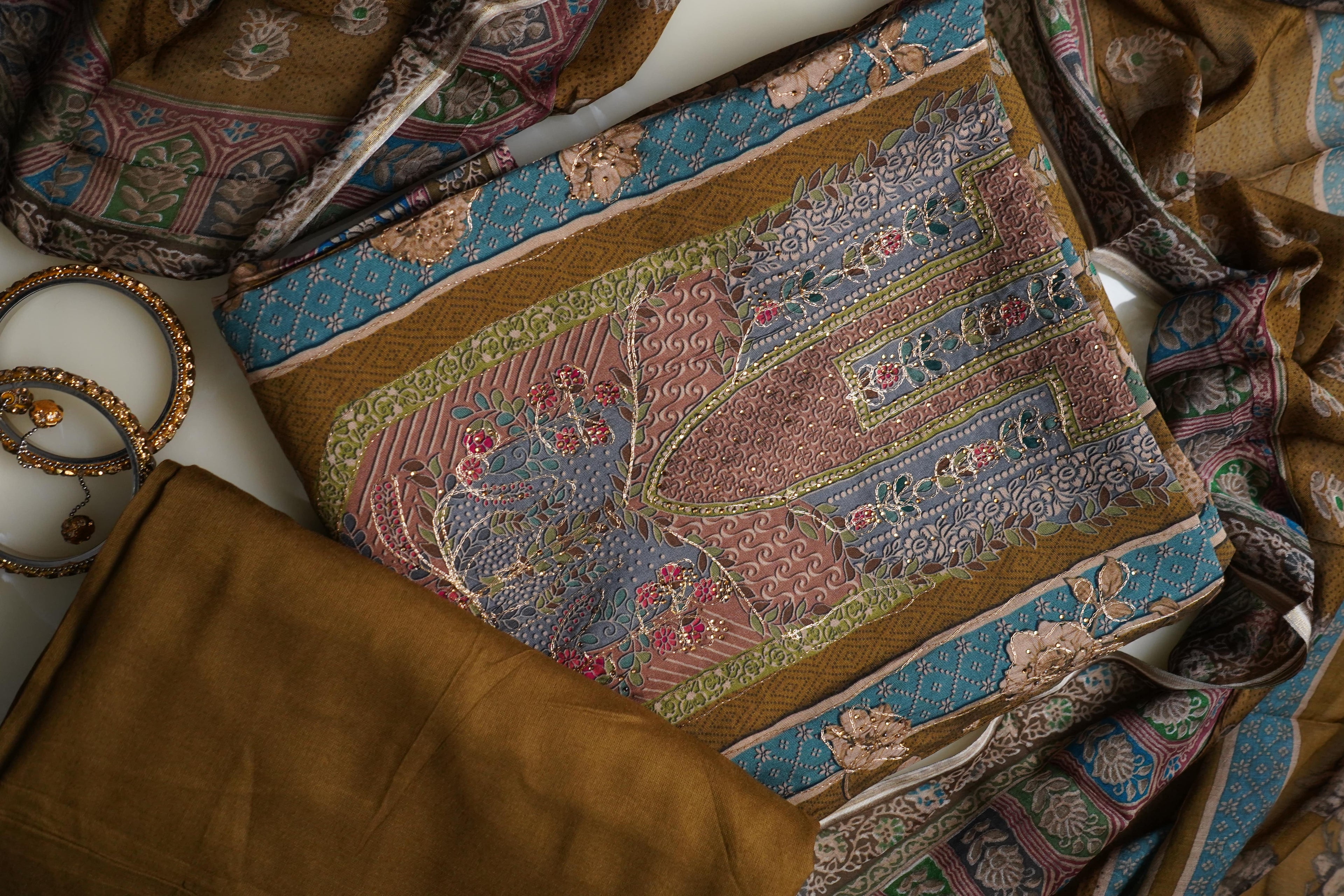 brown masleen aariwork unstitched salwar suit