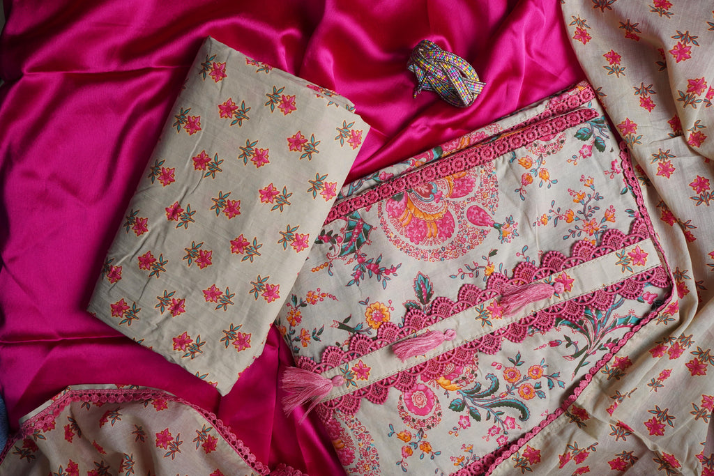 beige printed cotton unstitched salwar suit