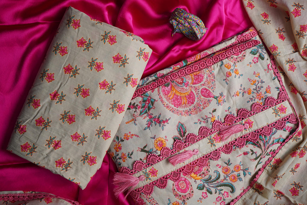 beige printed cotton unstitched salwar suit