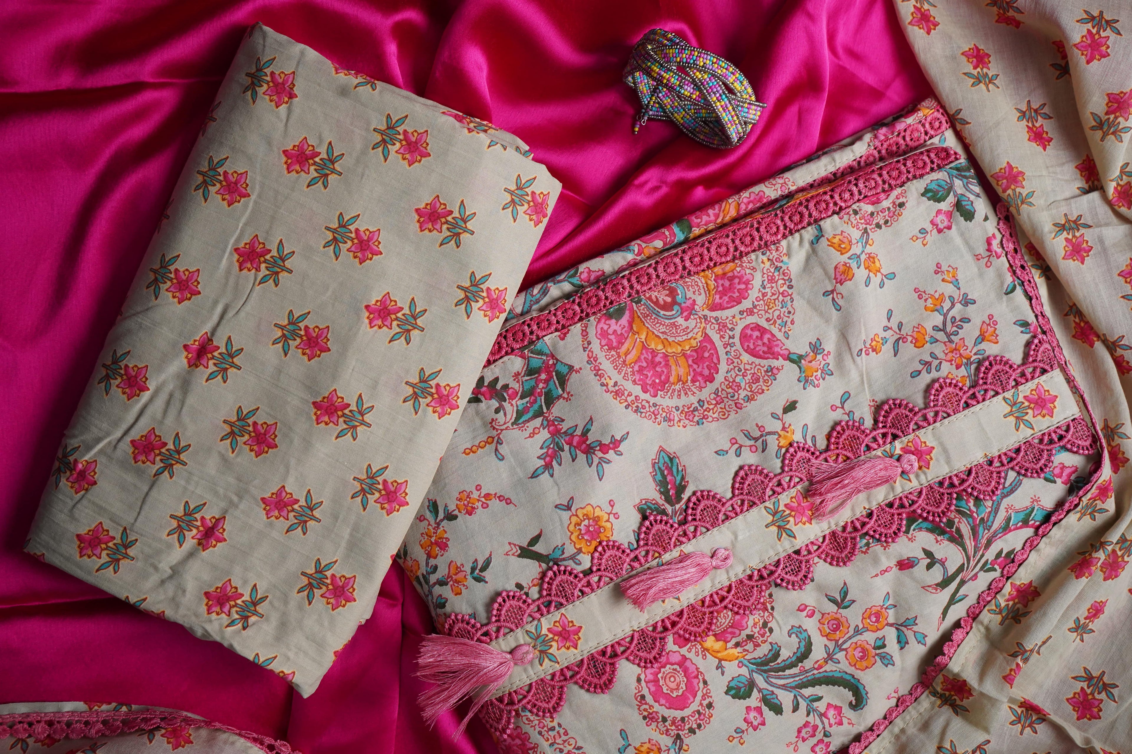 beige printed cotton unstitched salwar suit