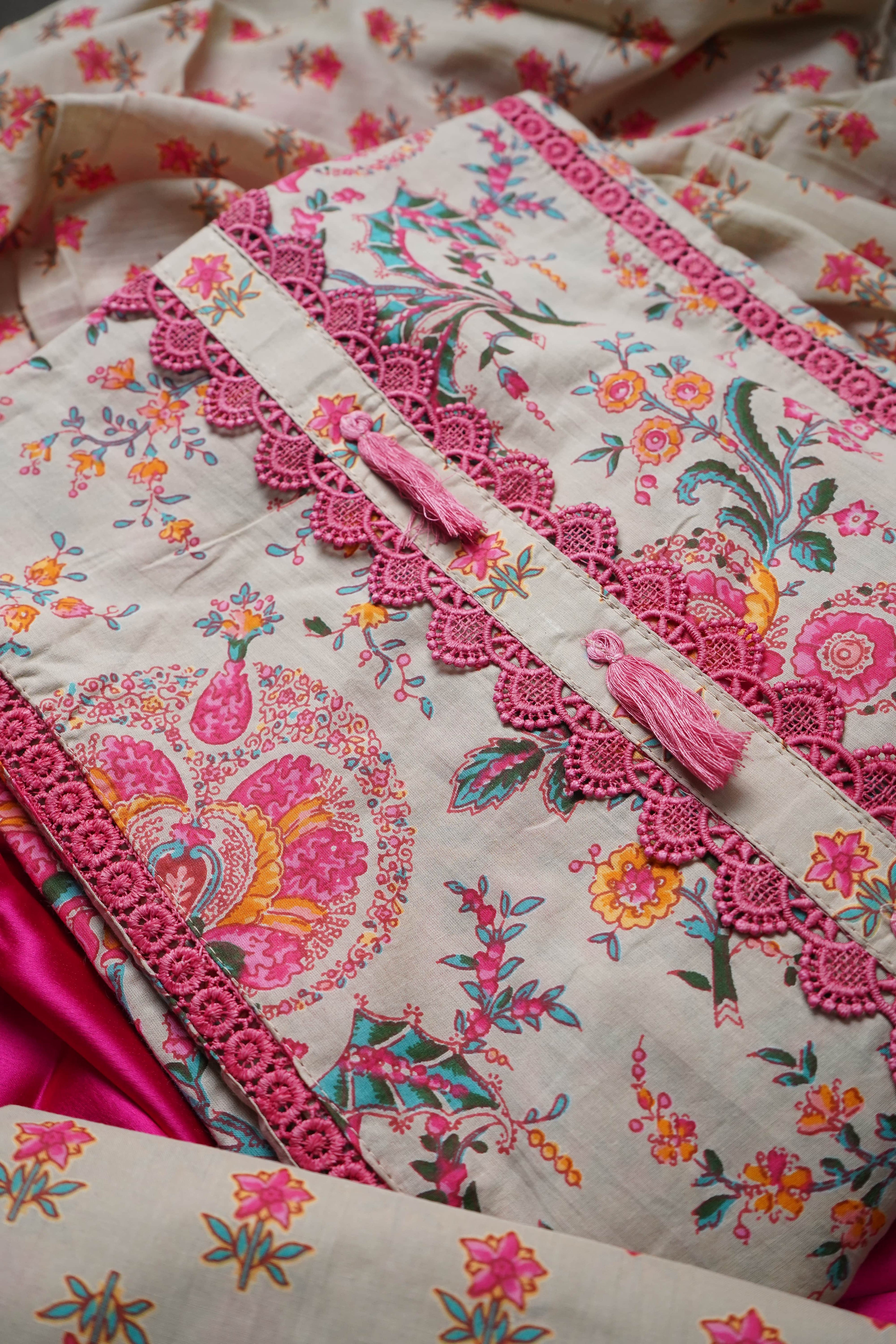 beige printed cotton unstitched salwar suit