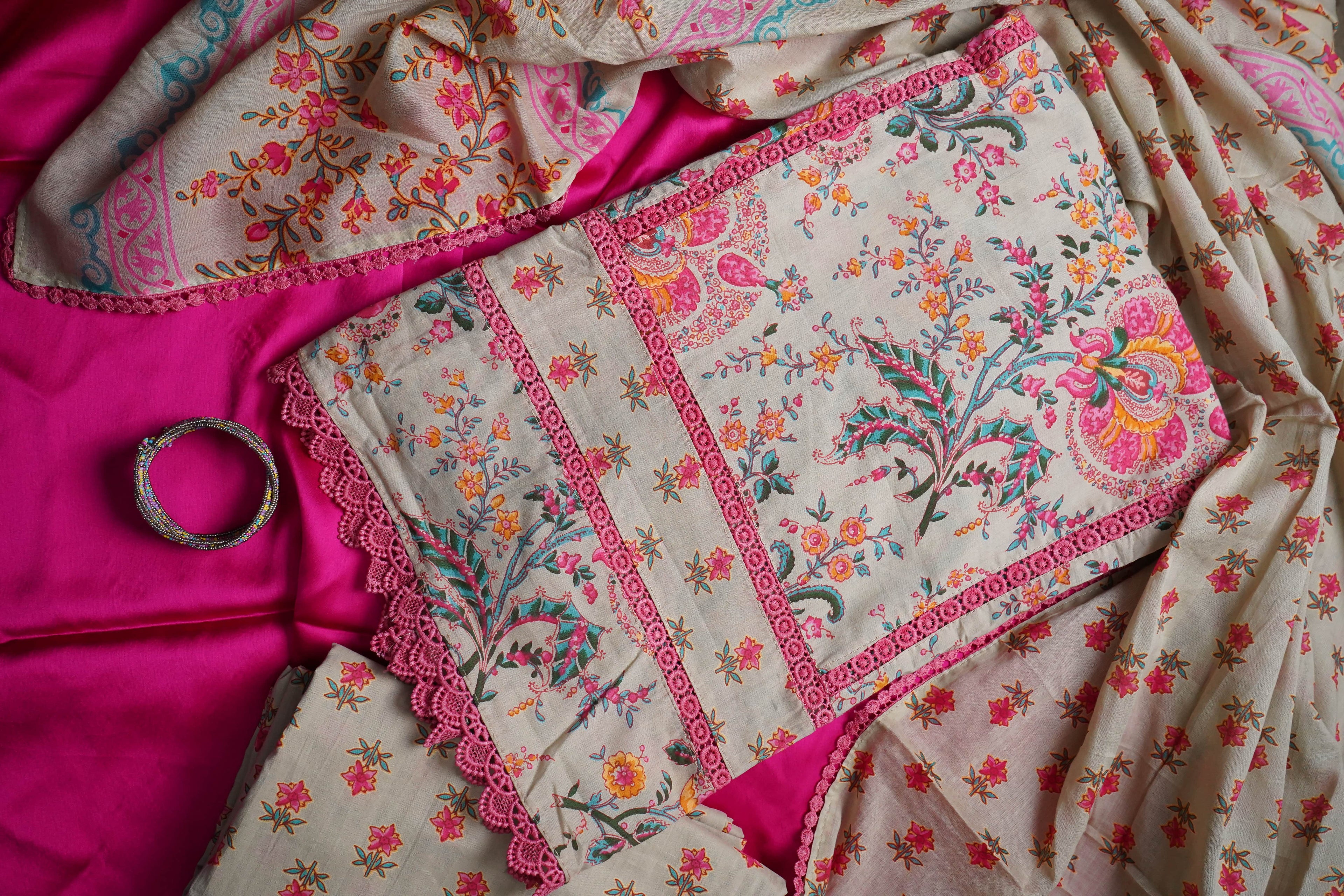 beige printed cotton unstitched salwar suit