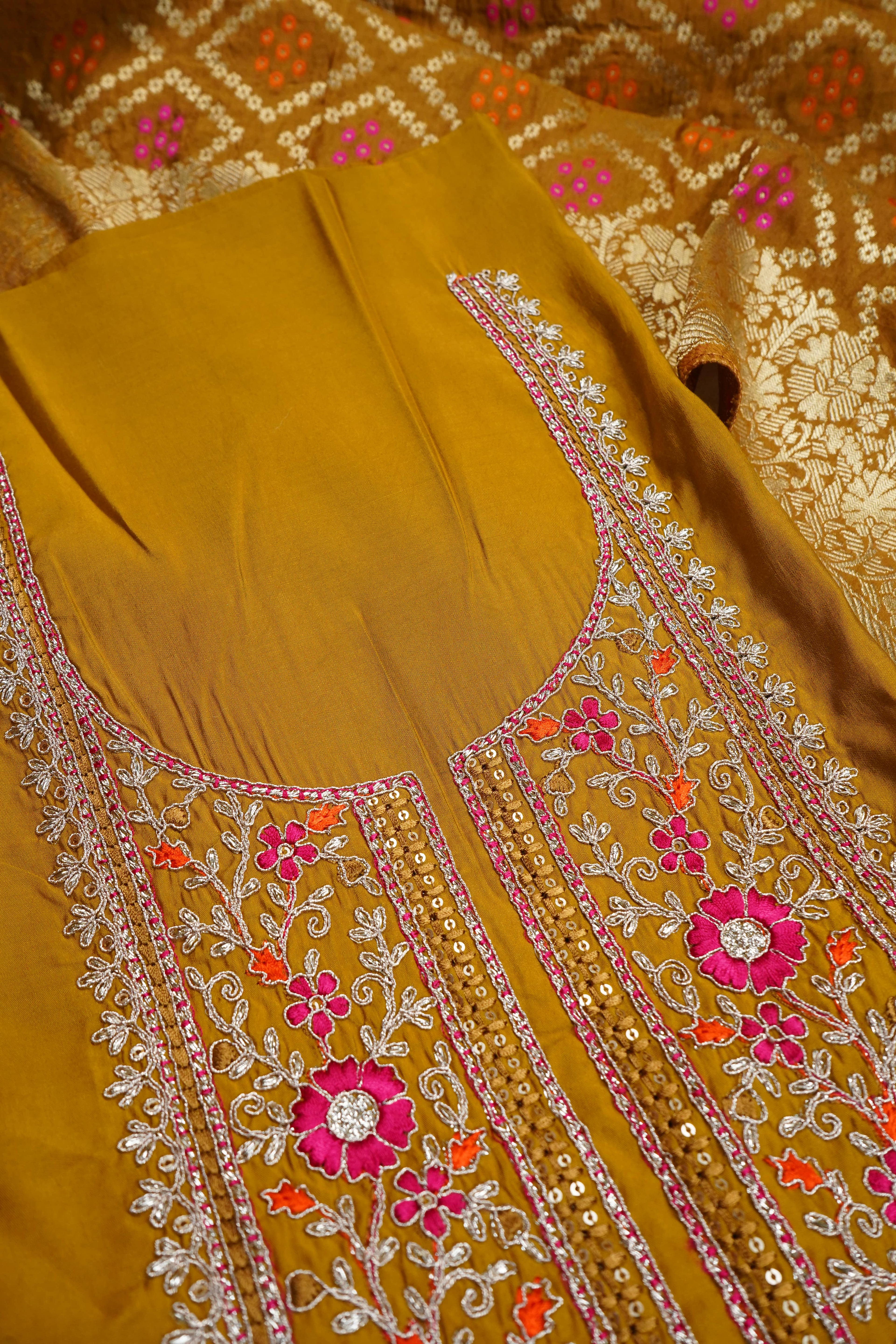 mustard threadwork silk unstitched salwar suit
