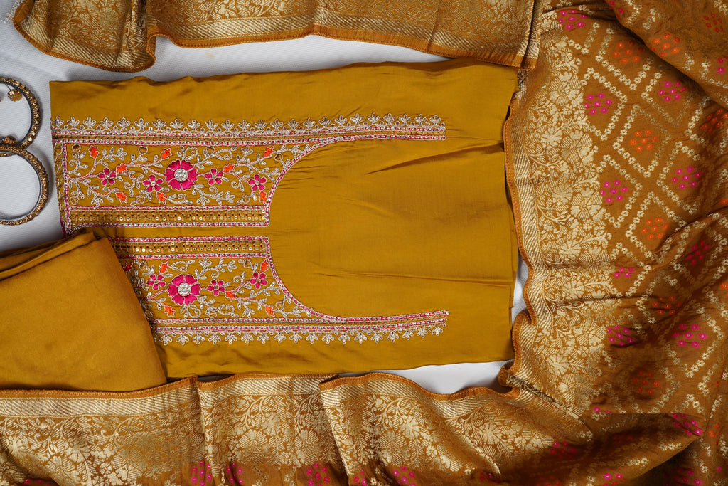 mustard threadwork silk unstitched salwar suit