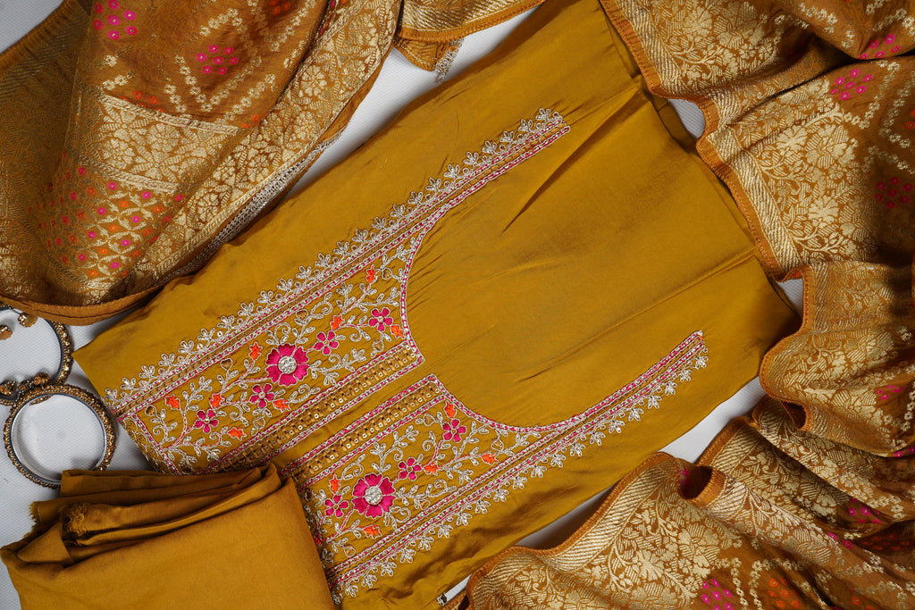 mustard threadwork silk unstitched salwar suit