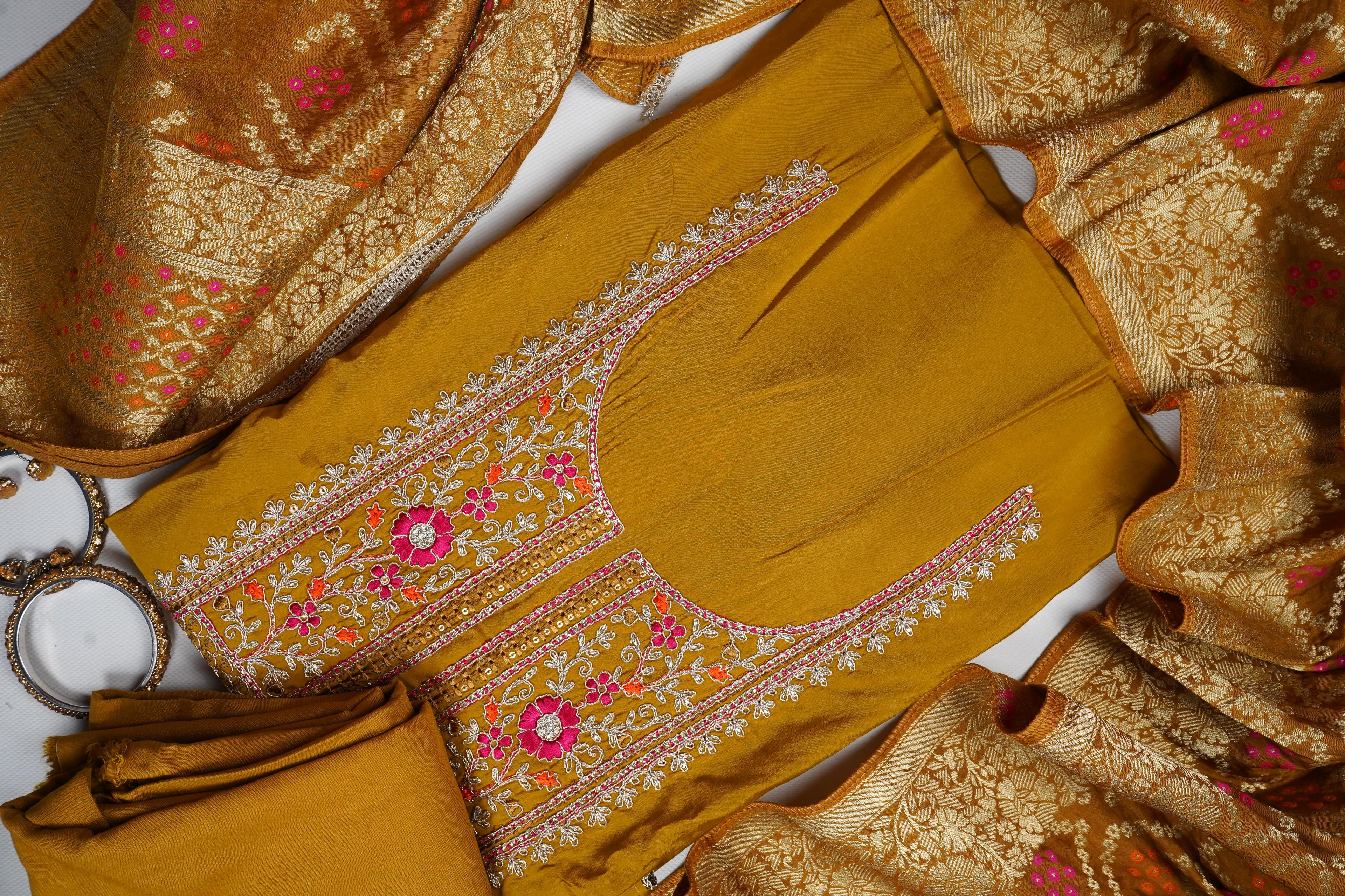mustard threadwork silk unstitched salwar suit