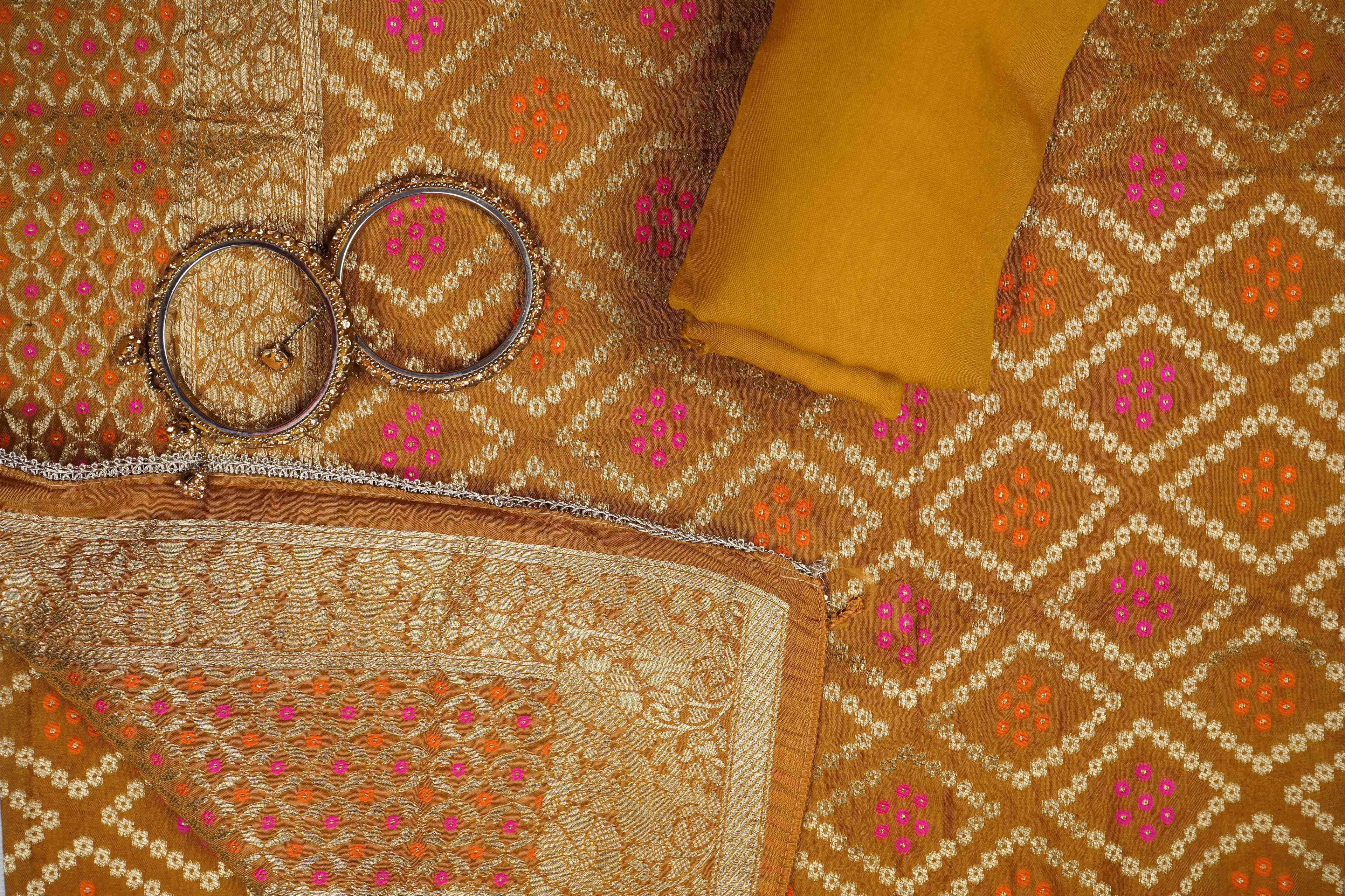 mustard threadwork silk unstitched salwar suit