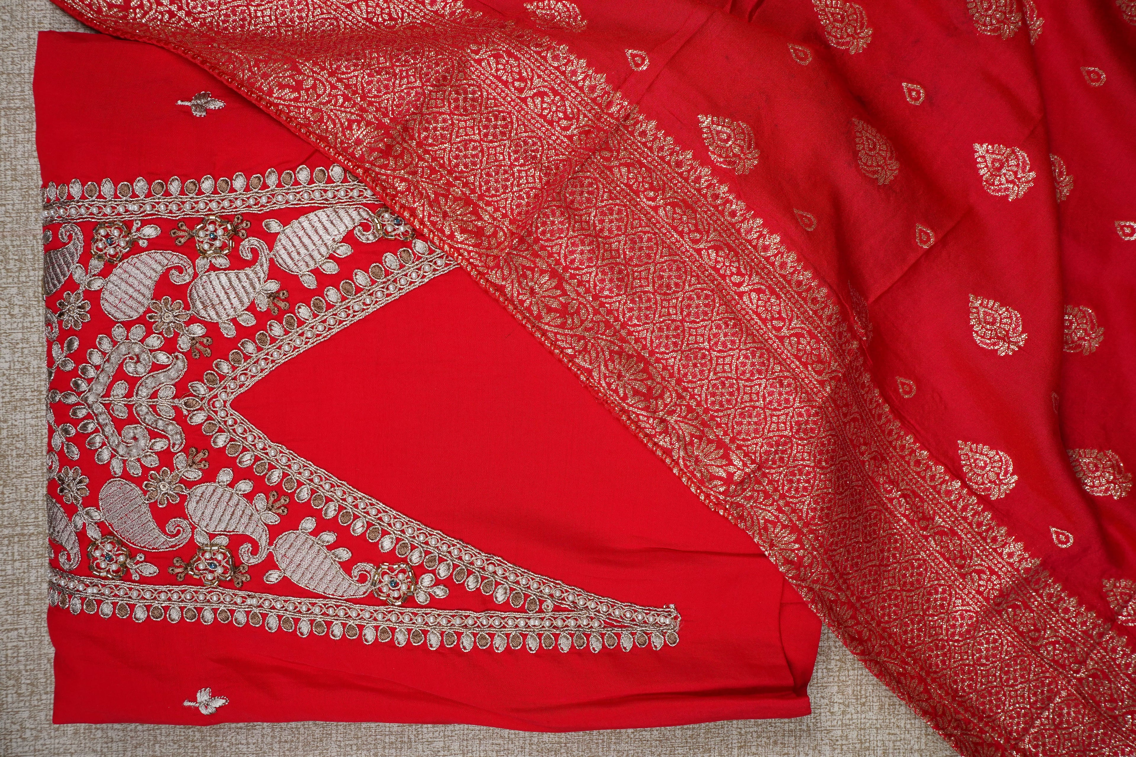 red zariwork silk unstitched salwar suit