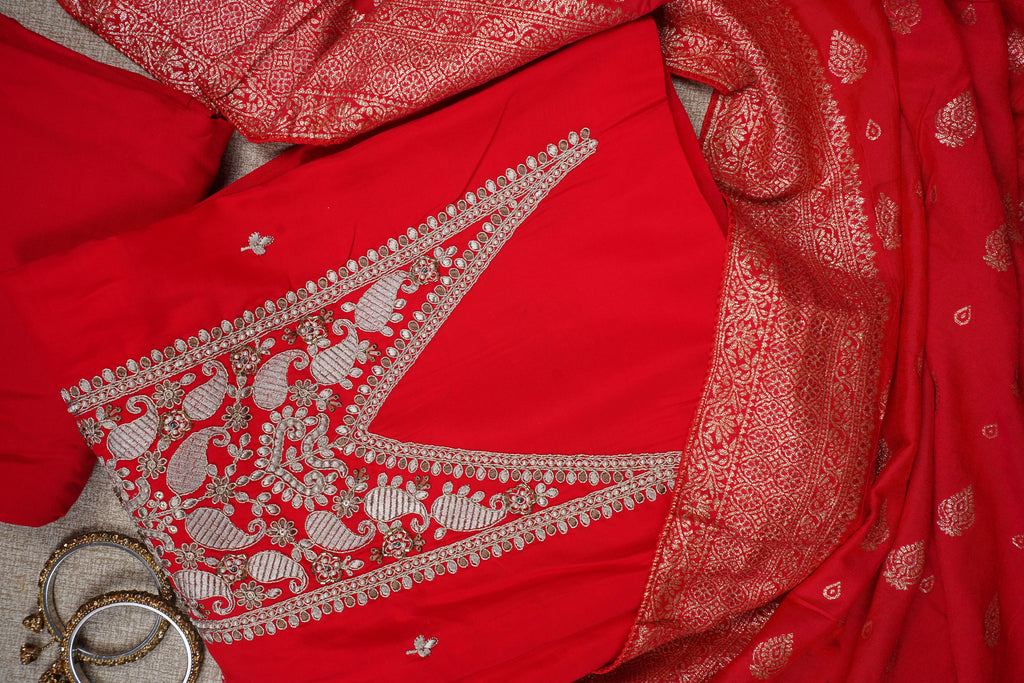 red zariwork silk unstitched salwar suit