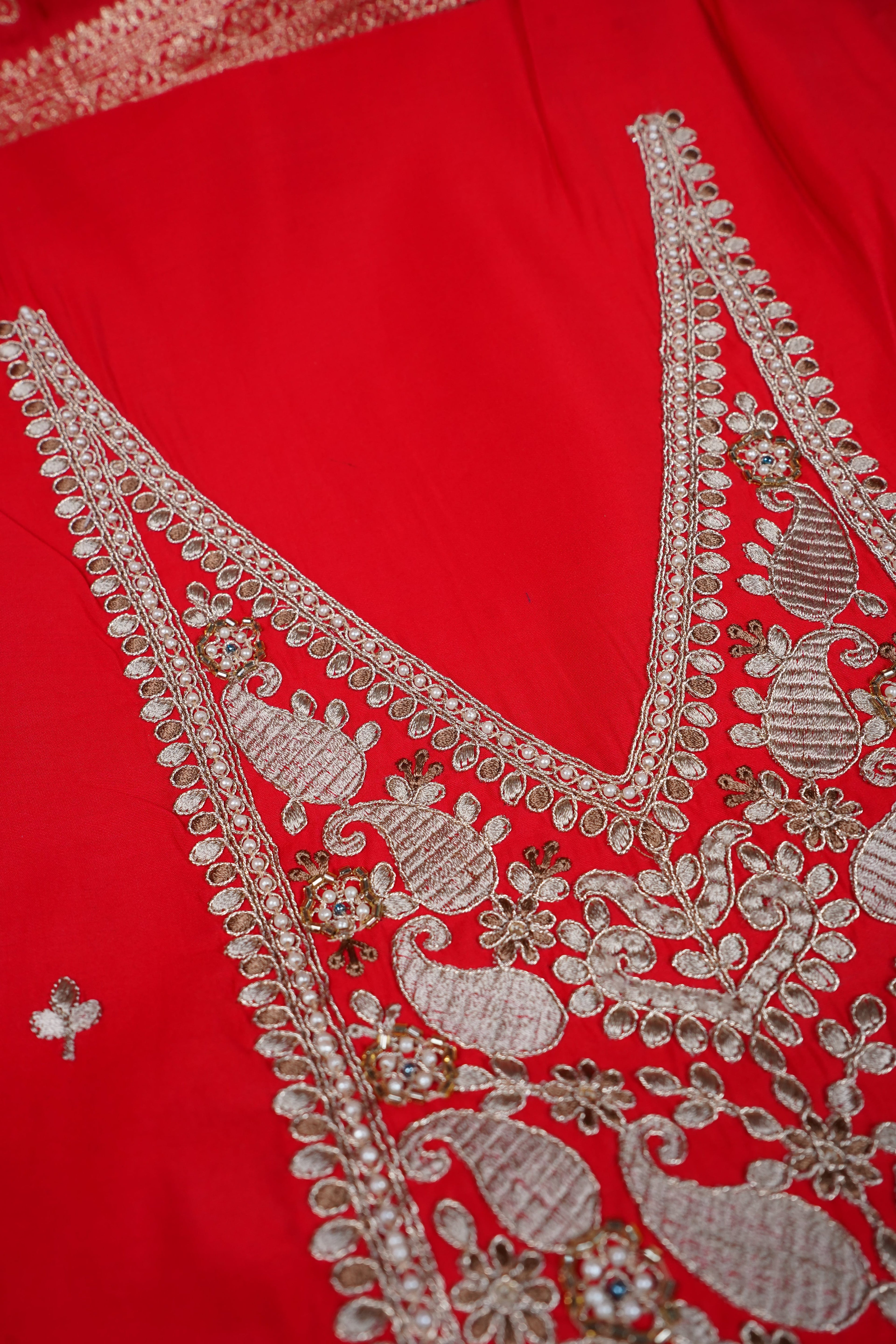 red zariwork silk unstitched salwar suit