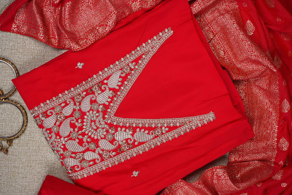 red zariwork silk unstitched salwar suit