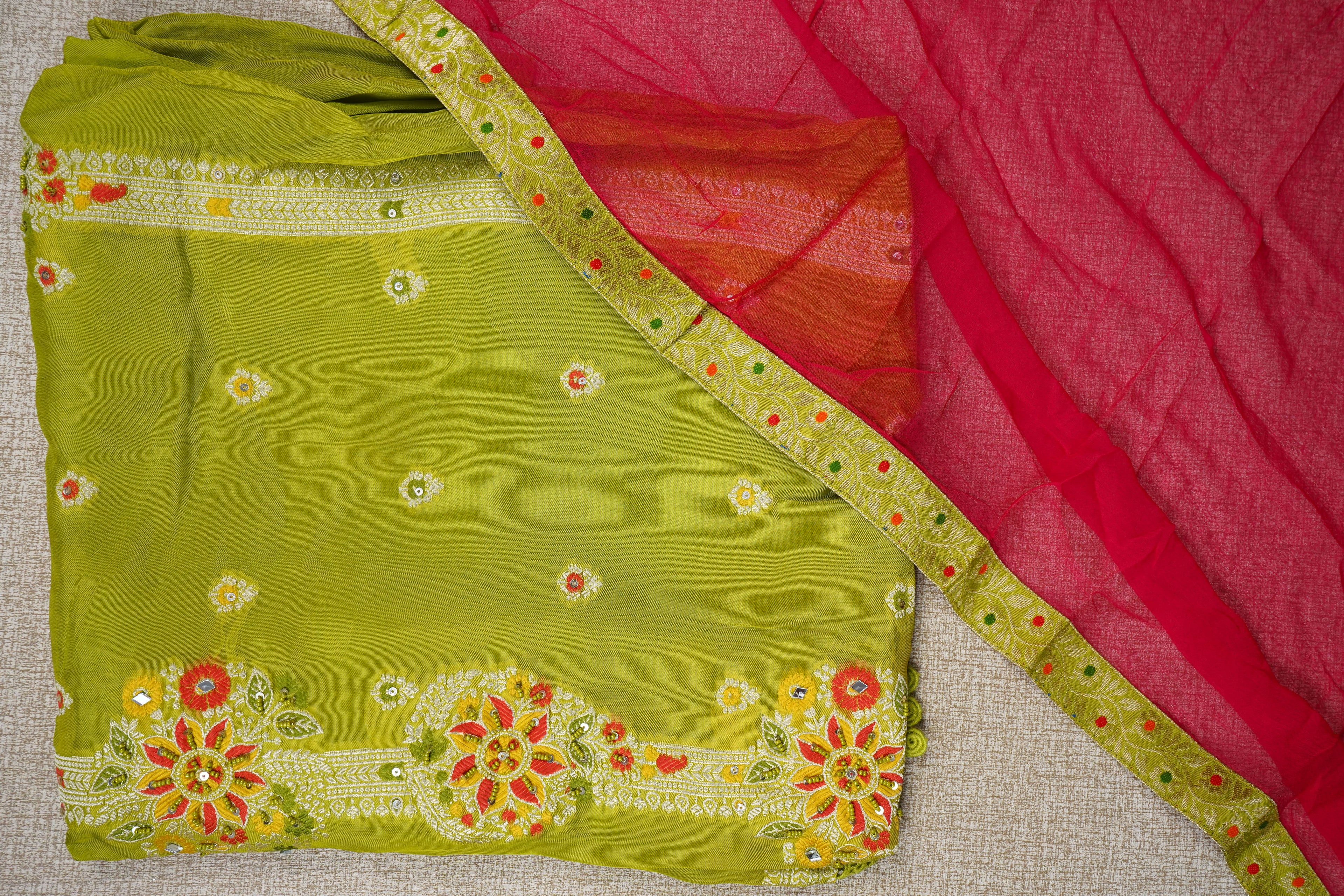 green banarasi silk threadwork unstitched salwar suit