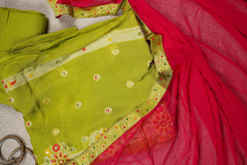 green banarasi silk threadwork unstitched salwar suit