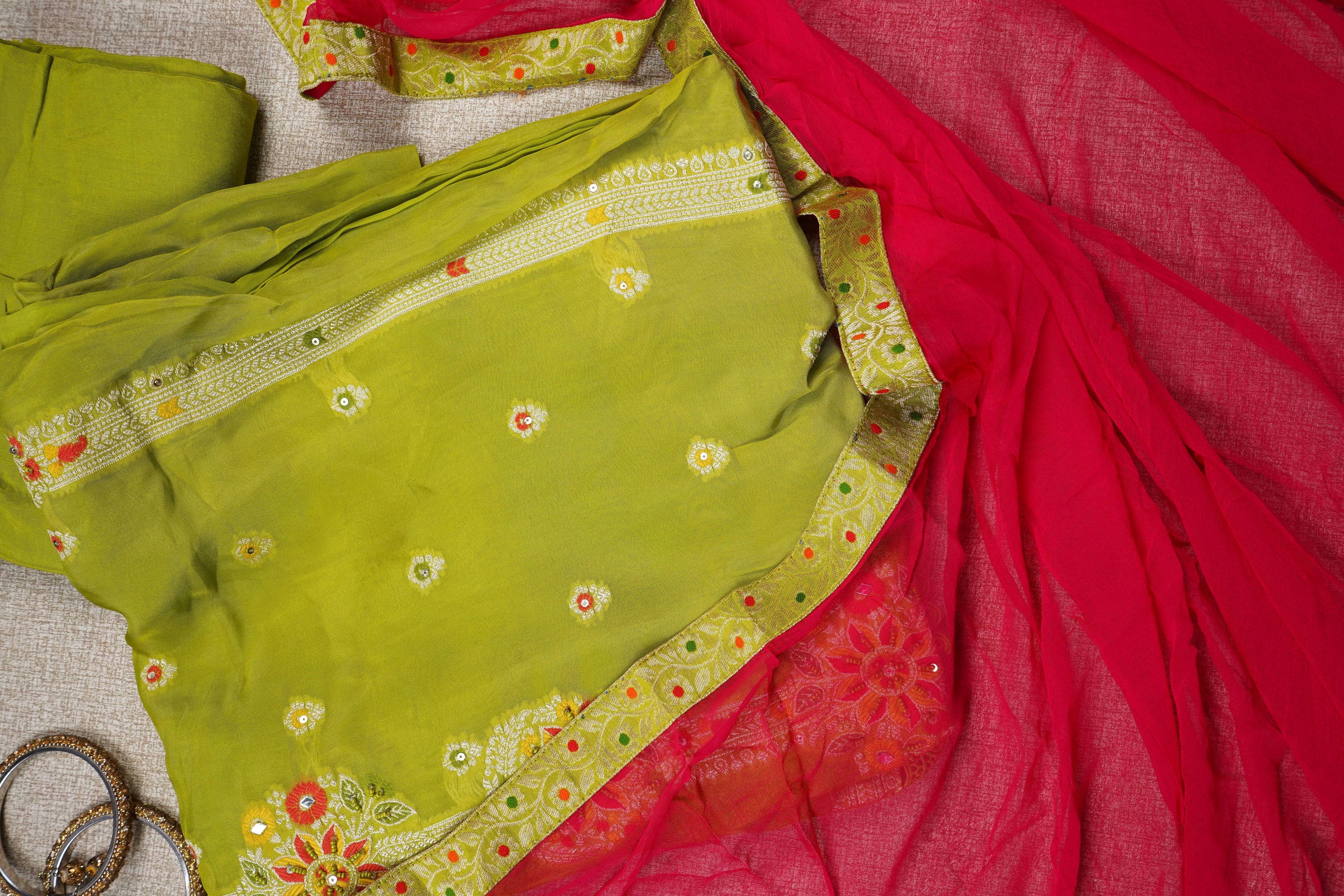 green banarasi silk threadwork unstitched salwar suit