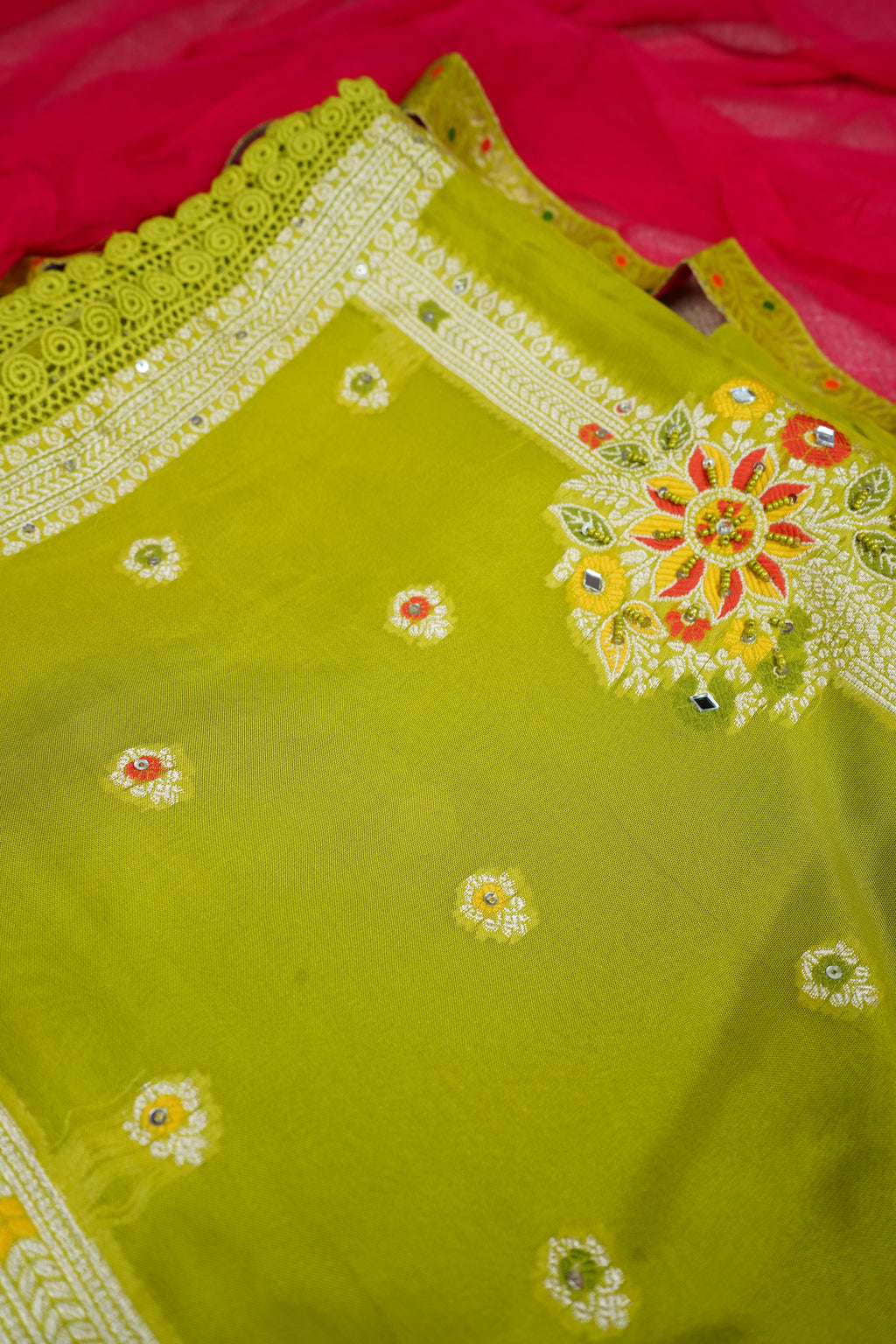 green banarasi silk threadwork unstitched salwar suit