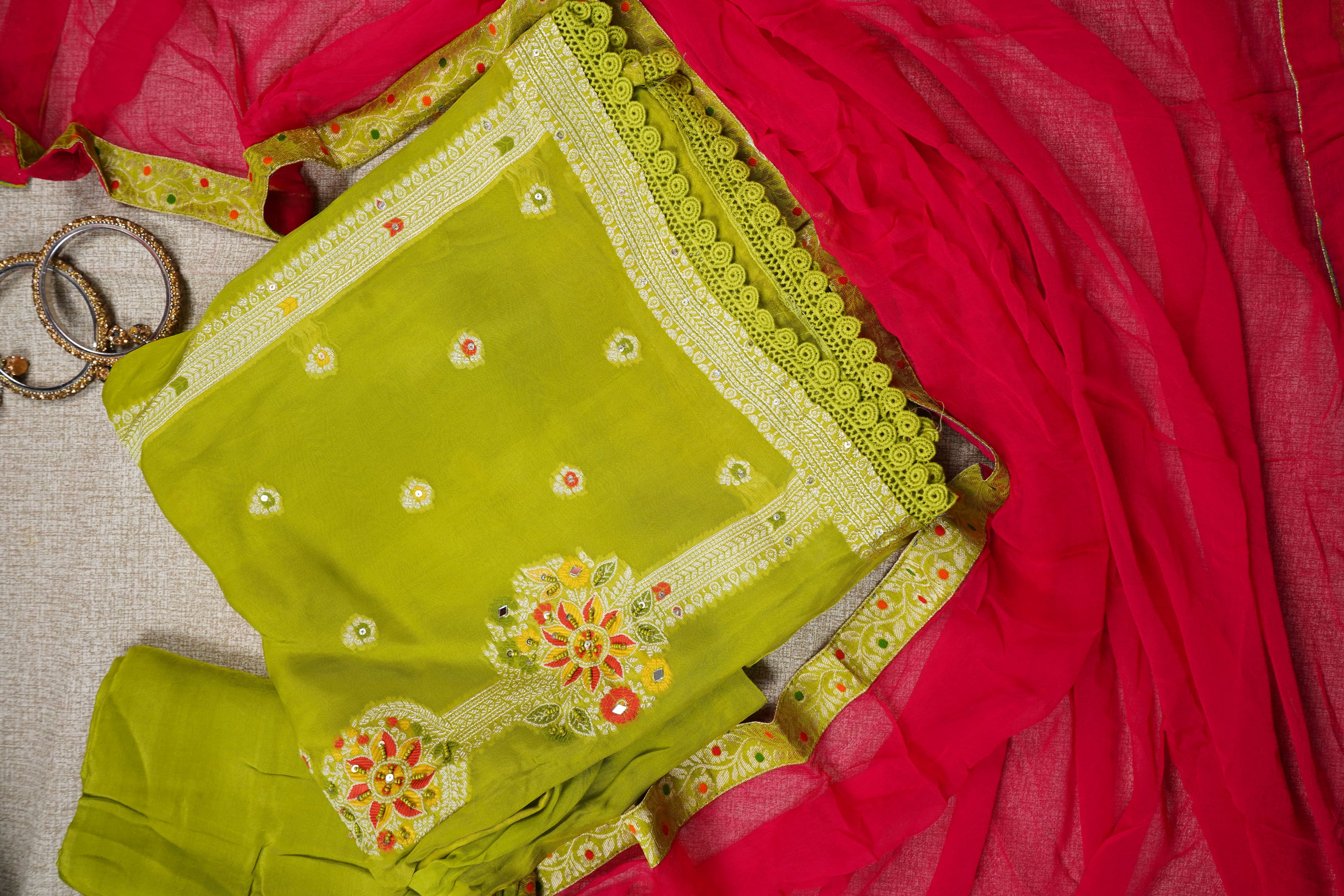 green banarasi silk threadwork unstitched salwar suit