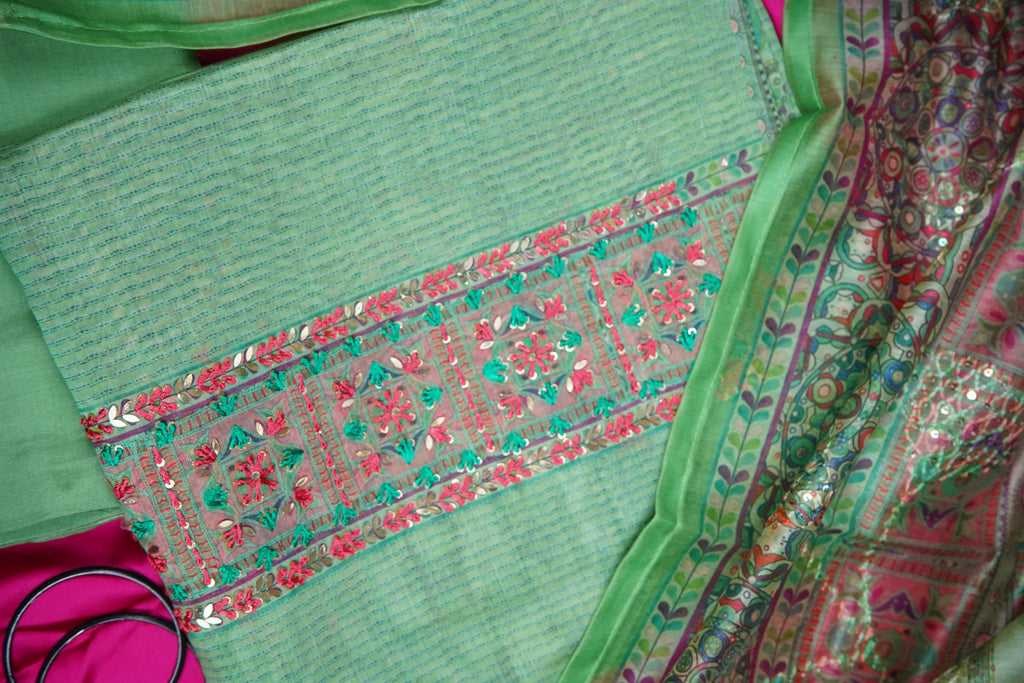 green maheshvari silk threadwork unstitched salwar suit