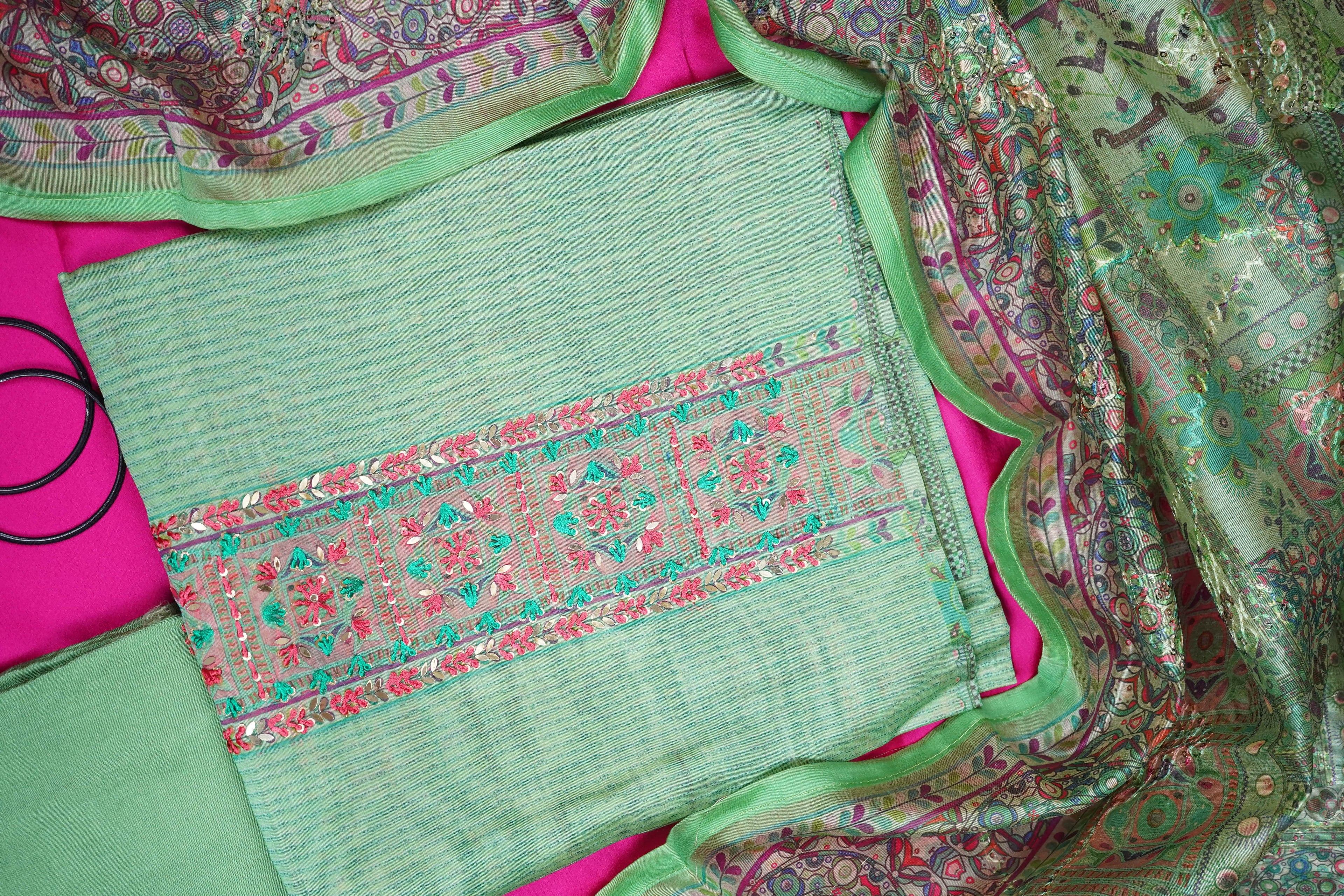 green maheshvari silk threadwork unstitched salwar suit