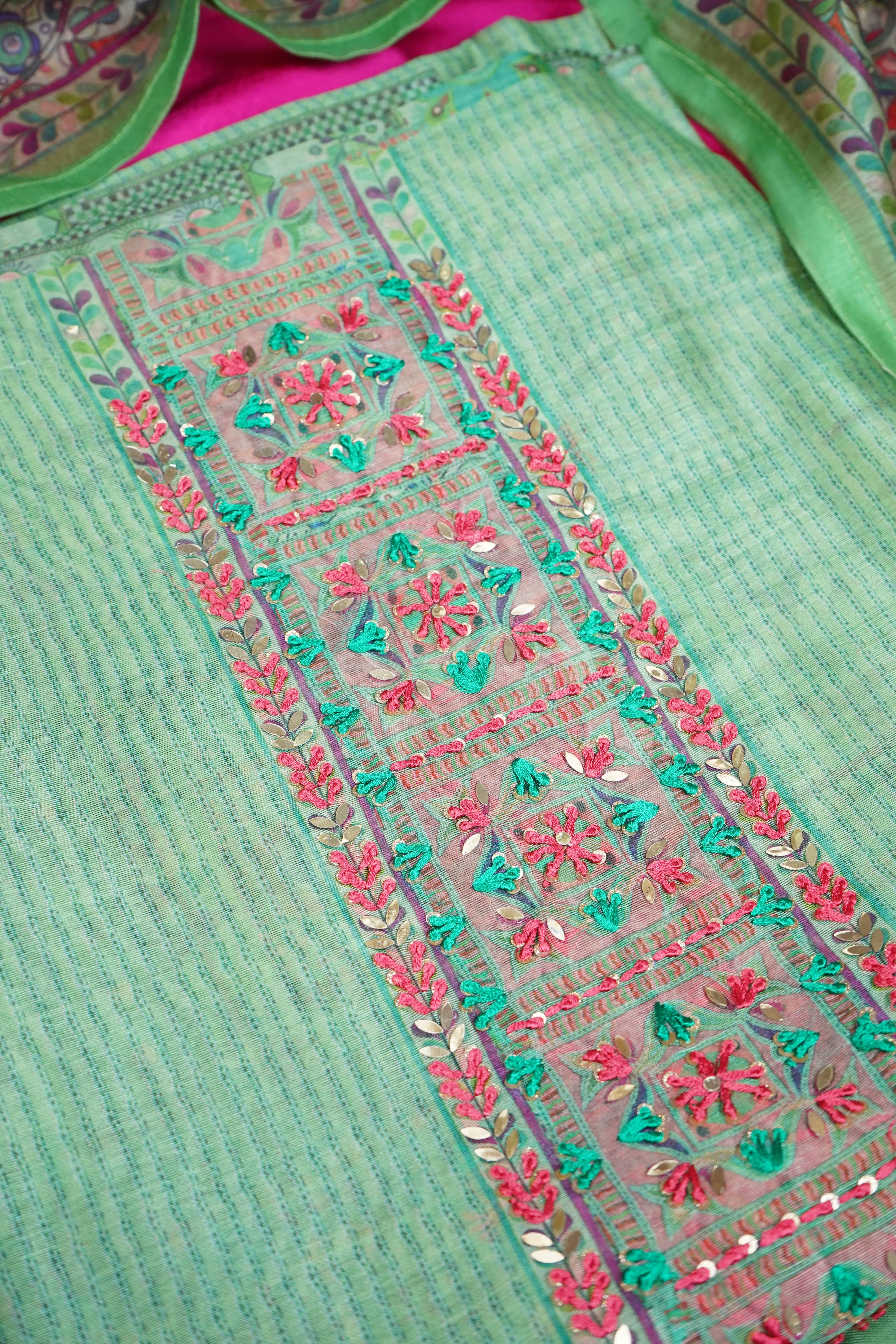 green maheshvari silk threadwork unstitched salwar suit