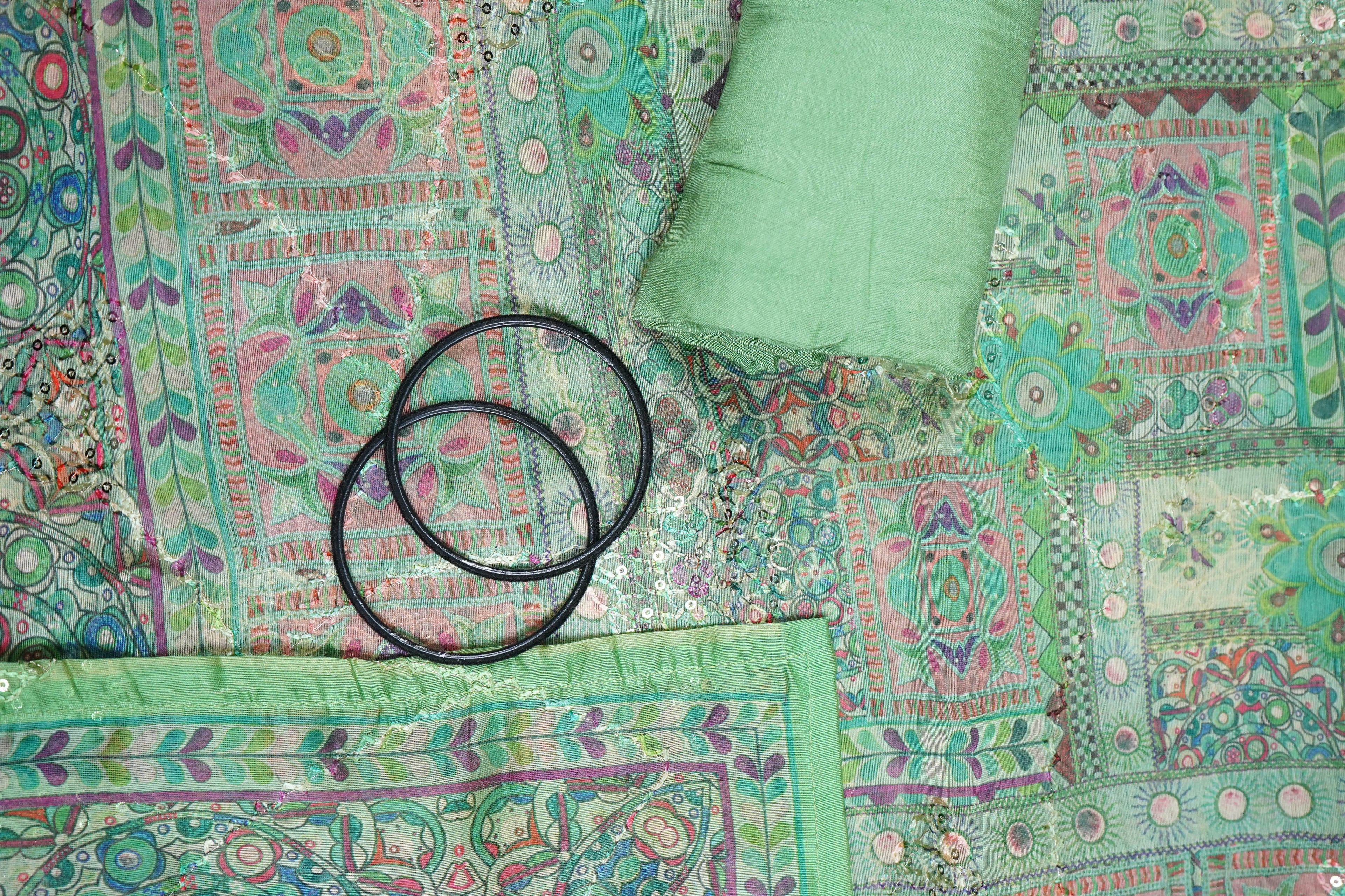 green maheshvari silk threadwork unstitched salwar suit