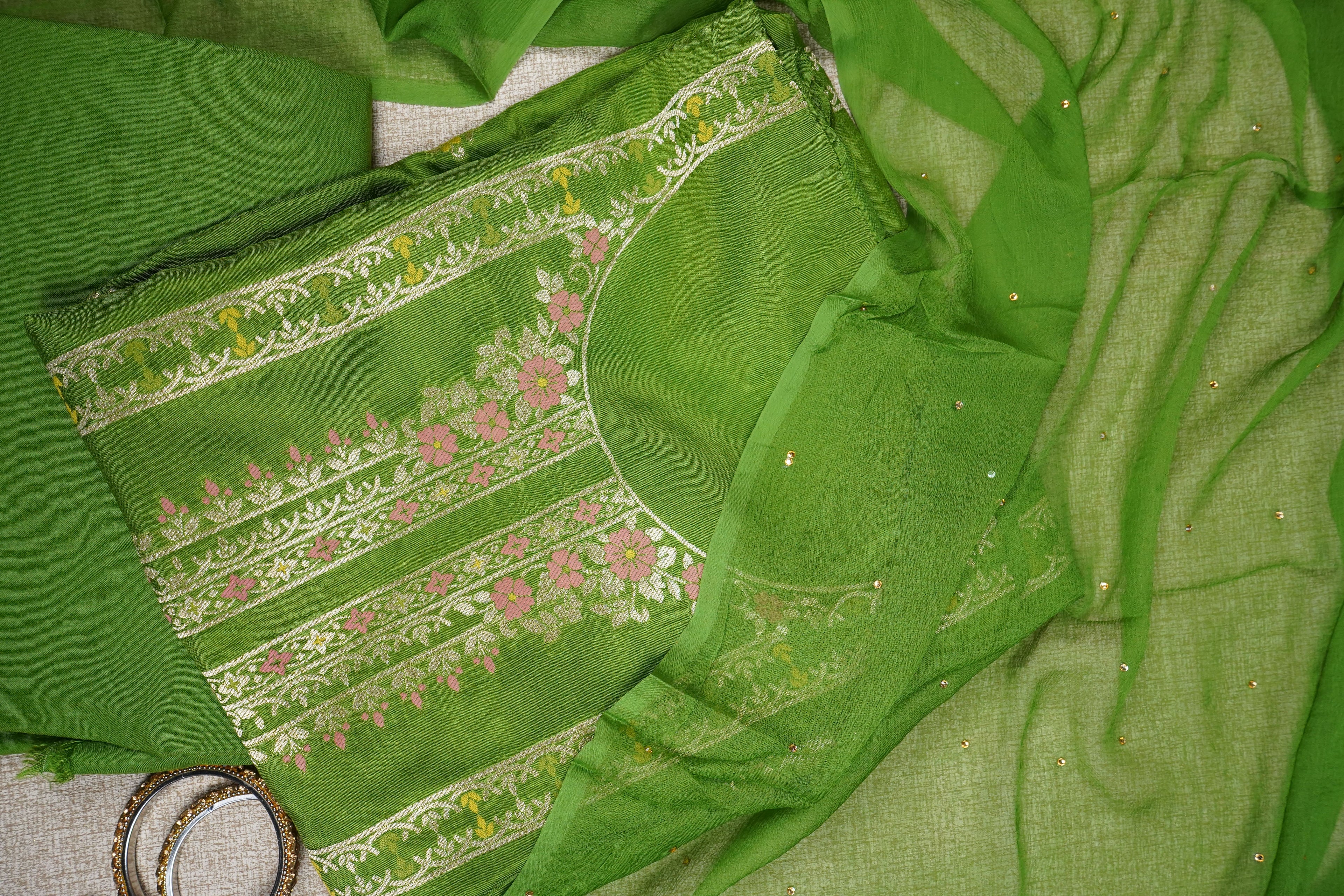 green banarasi silk unstitched salwar suit