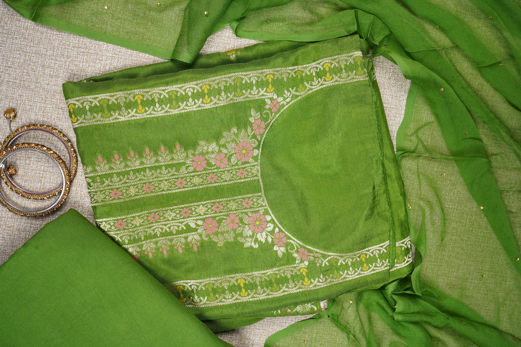 green banarasi silk unstitched salwar suit