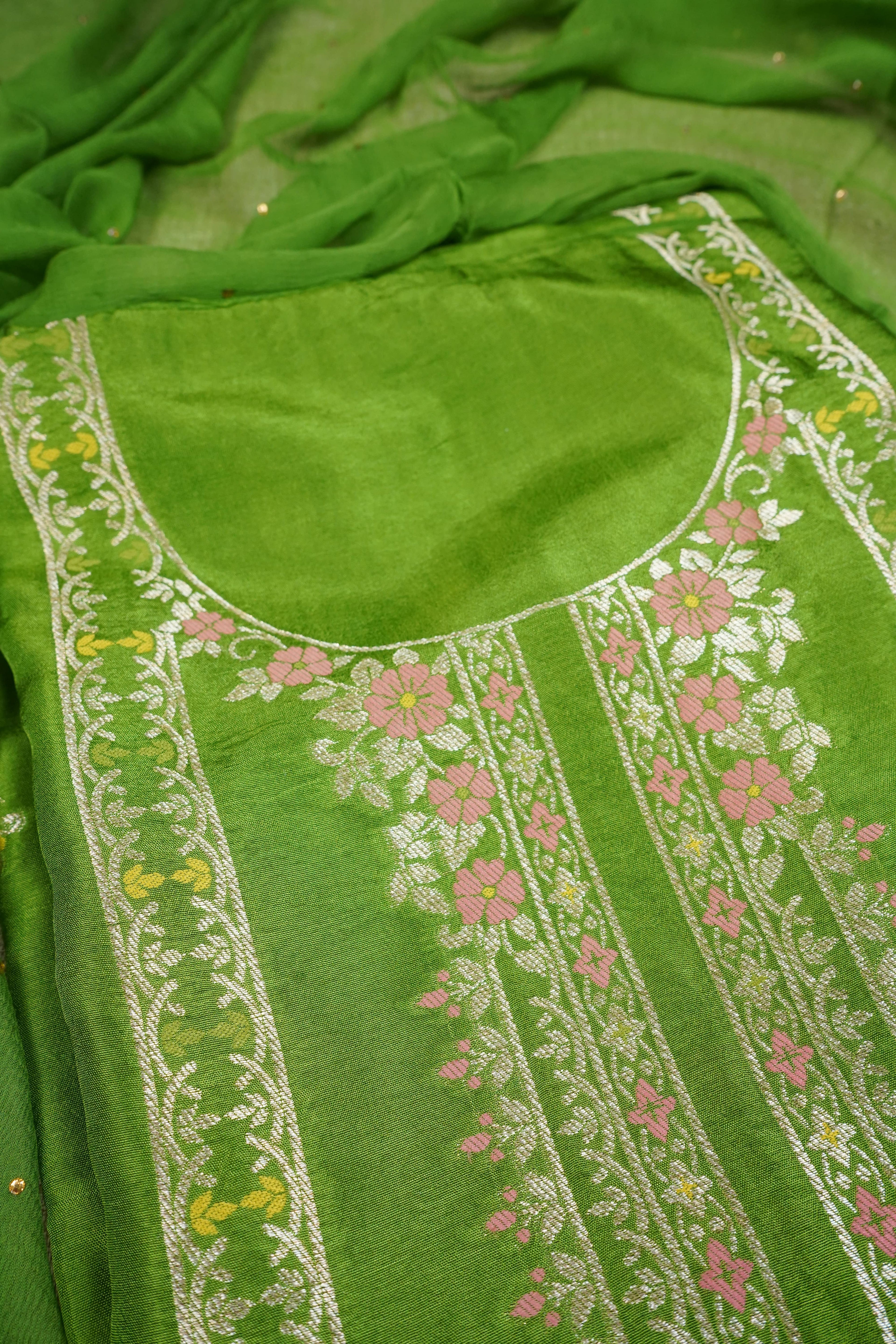 green banarasi silk unstitched salwar suit