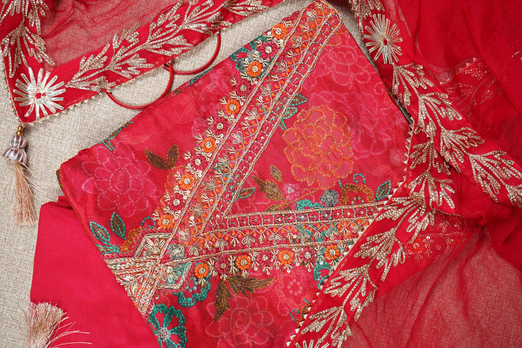 red chinon zardozi unstitched salwar suit