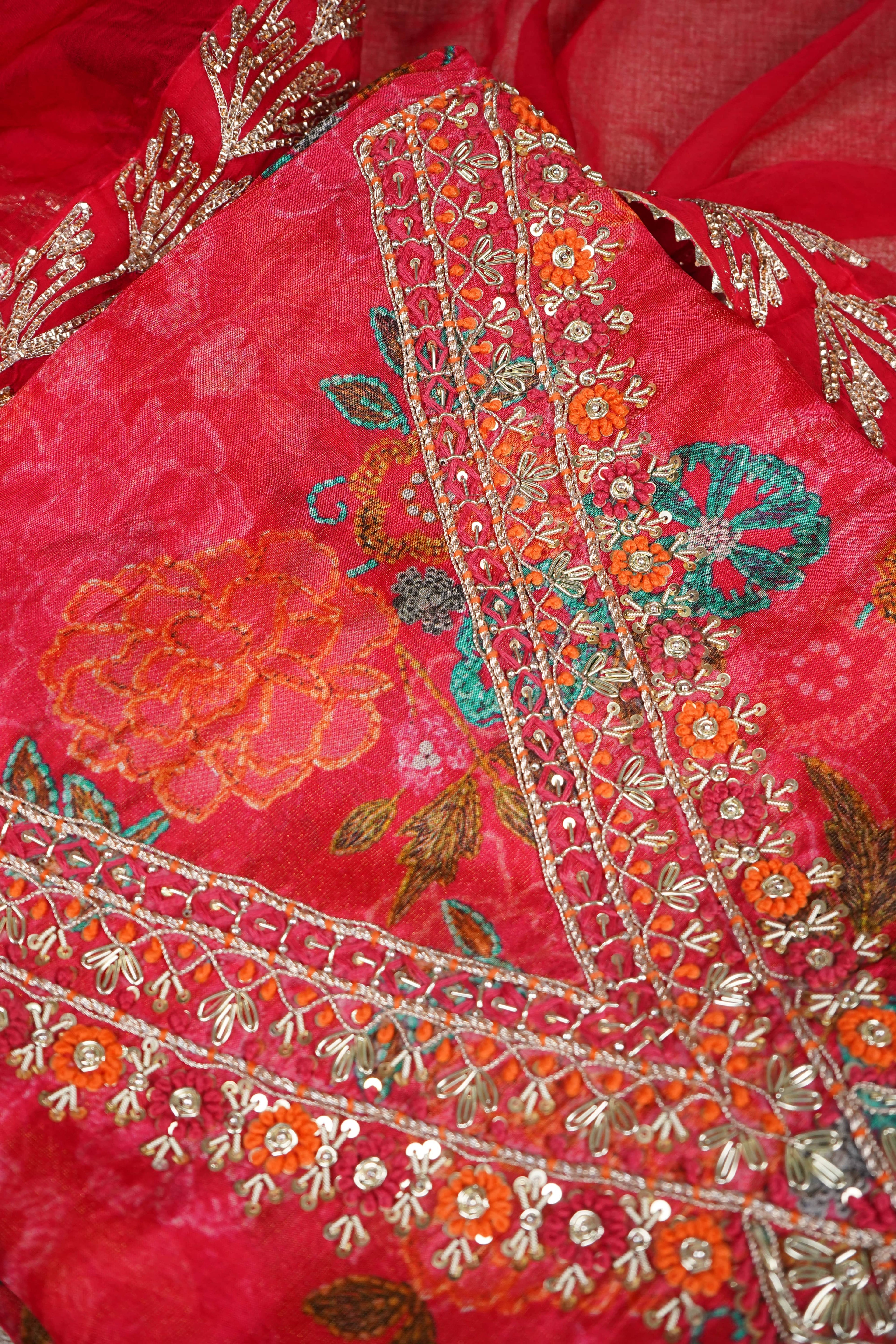 red chinon zardozi unstitched salwar suit