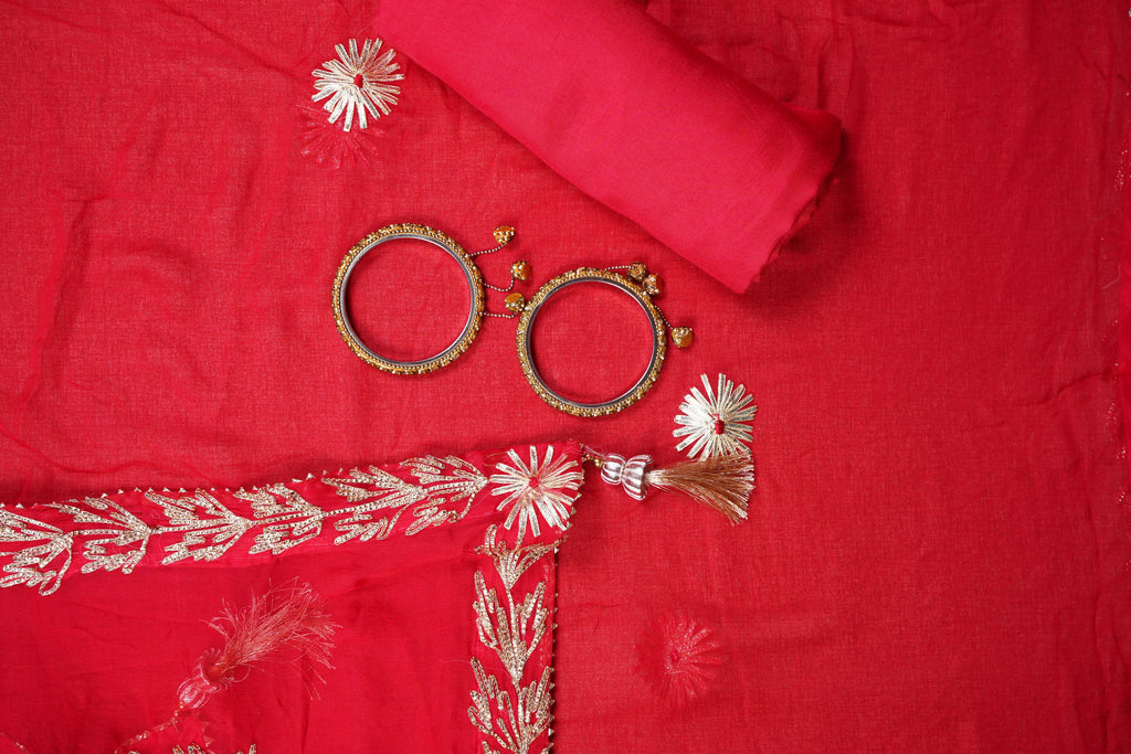 red chinon zardozi unstitched salwar suit