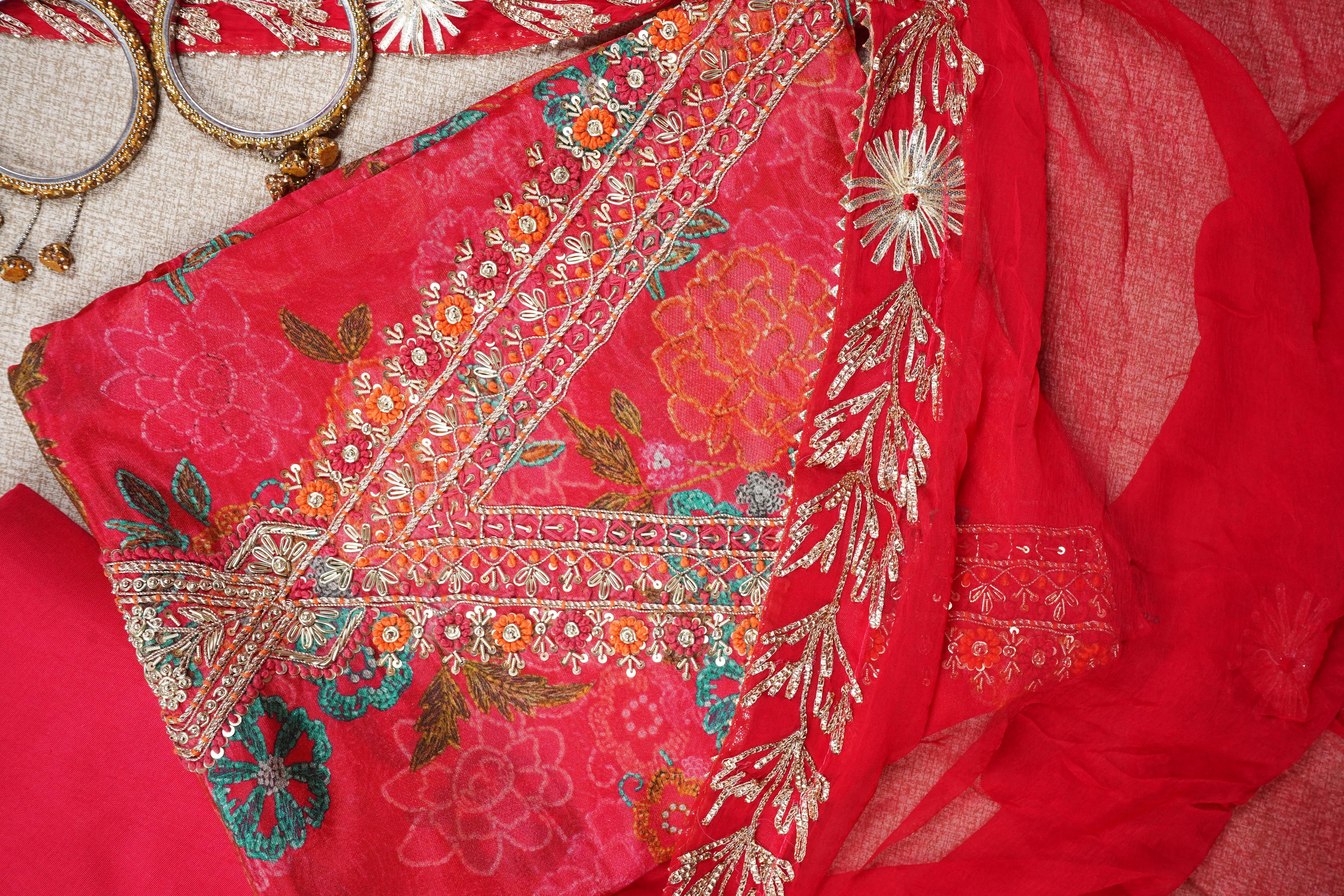 red chinon zardozi unstitched salwar suit